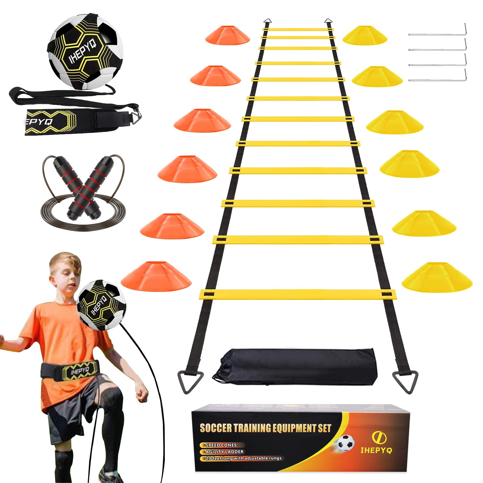 Premium 12-Rung 20Ft Soccer Agility Ladder Training Set with 12 Disc Cones, 4 Steel Stakes, Solo Trainer & Jump Rope - Complete Speed & Footwork Equipment for Soccer, Football, Basketball Players - Perfect for Home Drills, Team Practice & Athletic Performance Training