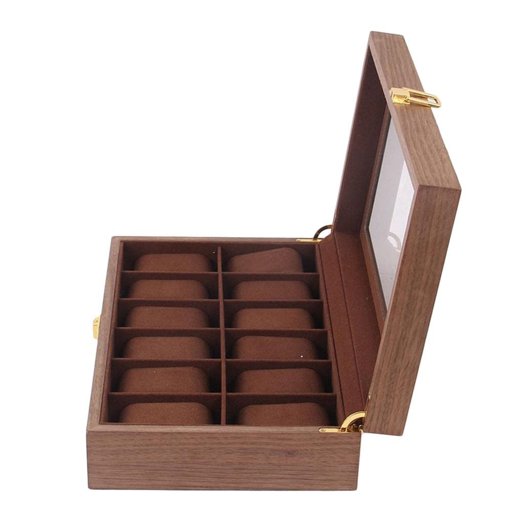 Premium 10/12 Grid Watch Display Box - Walnut Wood Grain Watch Storage Case with 12 Slots - Perfect for Watch Collectors, Jewelry Organizers & Gift Packaging