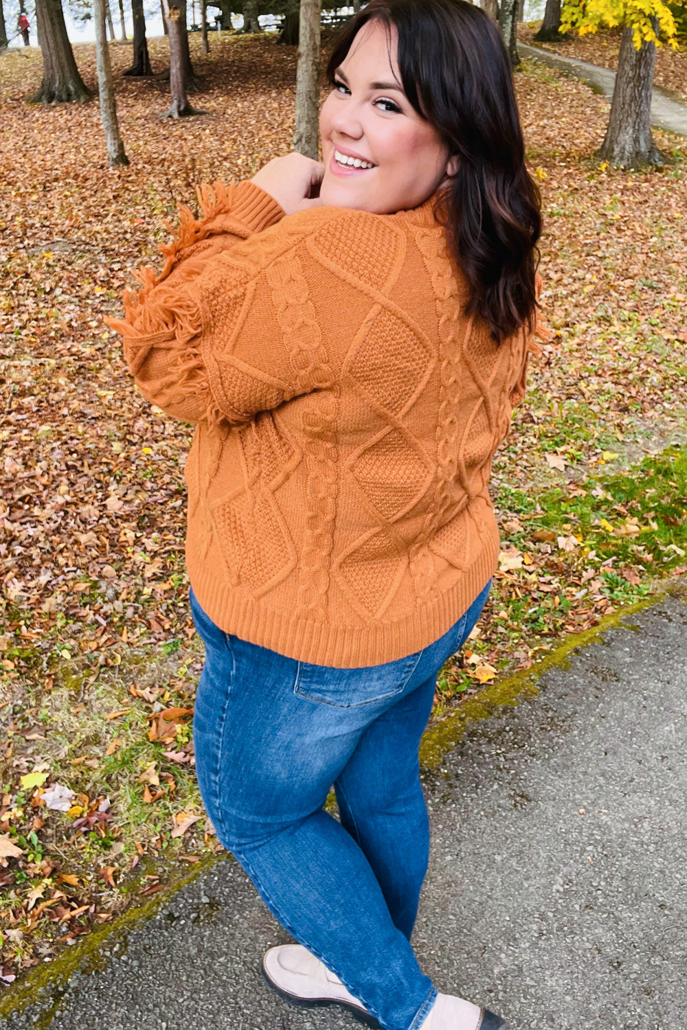 Joyful Days Rust Cable Knit Tassel Fringe Sweater for Women - Cozy Autumn Winter Pullover with Boho Chic Style | Perfect for Fall Outfits, Holiday Parties & Casual Wear