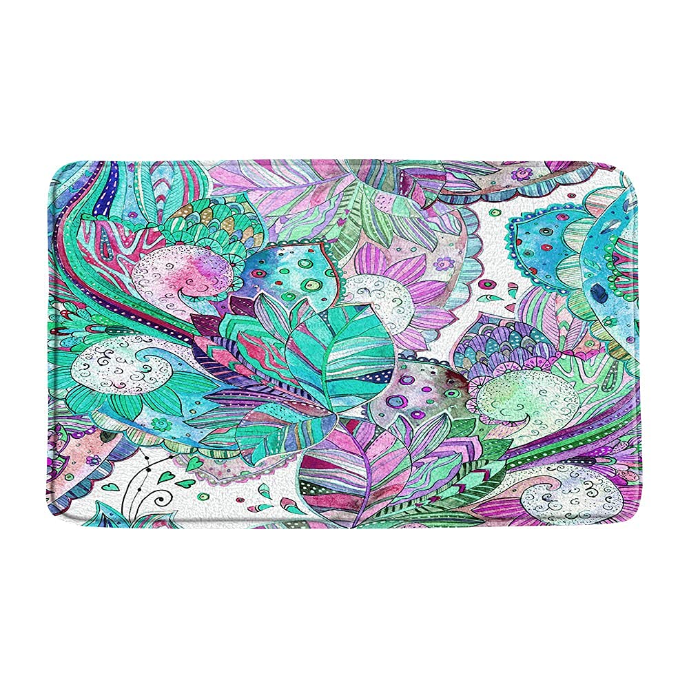 Boho Flower Bath Mat - Watercolor Hummingbird & Floral Paisley Print Microfiber Memory Foam Rug - Abstract Green Leaf Ethnic Mandala Design - Non-Slip Shower Floor Mat for Bathroom, Kitchen & Toilet - Soft & Absorbent Home Decor