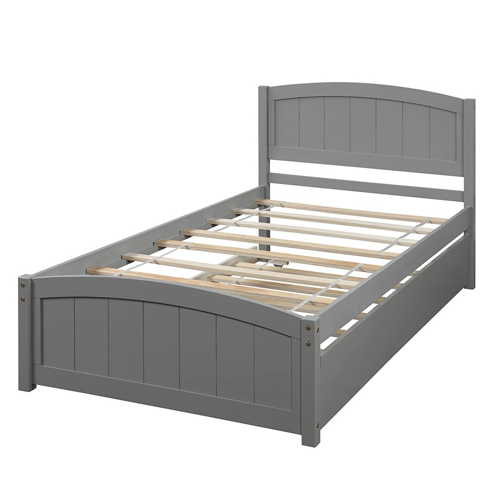 Twin Size Wood Platform Bed with Trundle, Headboard & Footboard - Easy Assembly Gray Wooden Bed Frame | Perfect for Kids Rooms, Guest Bedrooms & Small Spaces