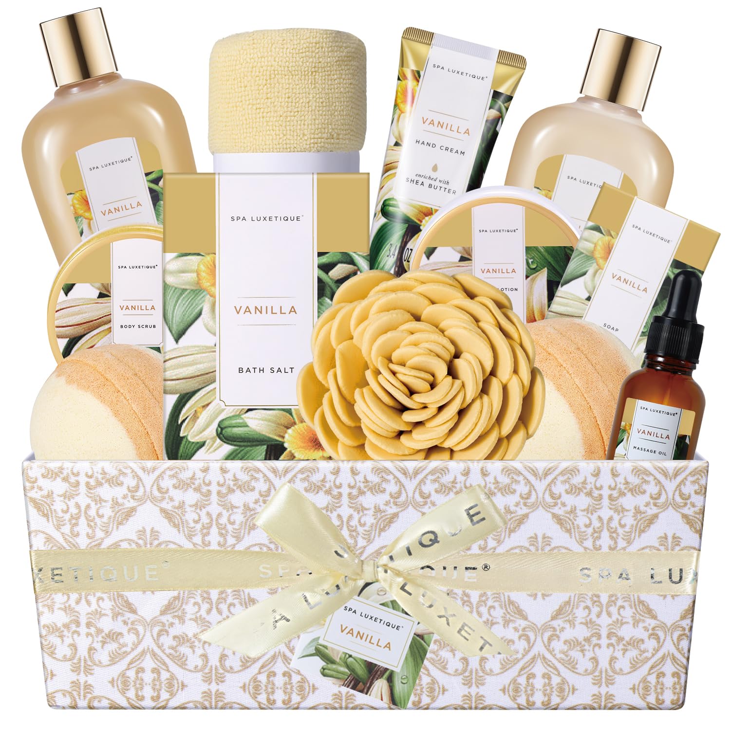 Luxury Spa Gift Basket for Women - 12pc Vanilla Bath & Body Set, Birthday & Self Care Gifts, Spa Kit with Essential Oils - Perfect for Relaxation, Mother's Day & Holiday Gifting