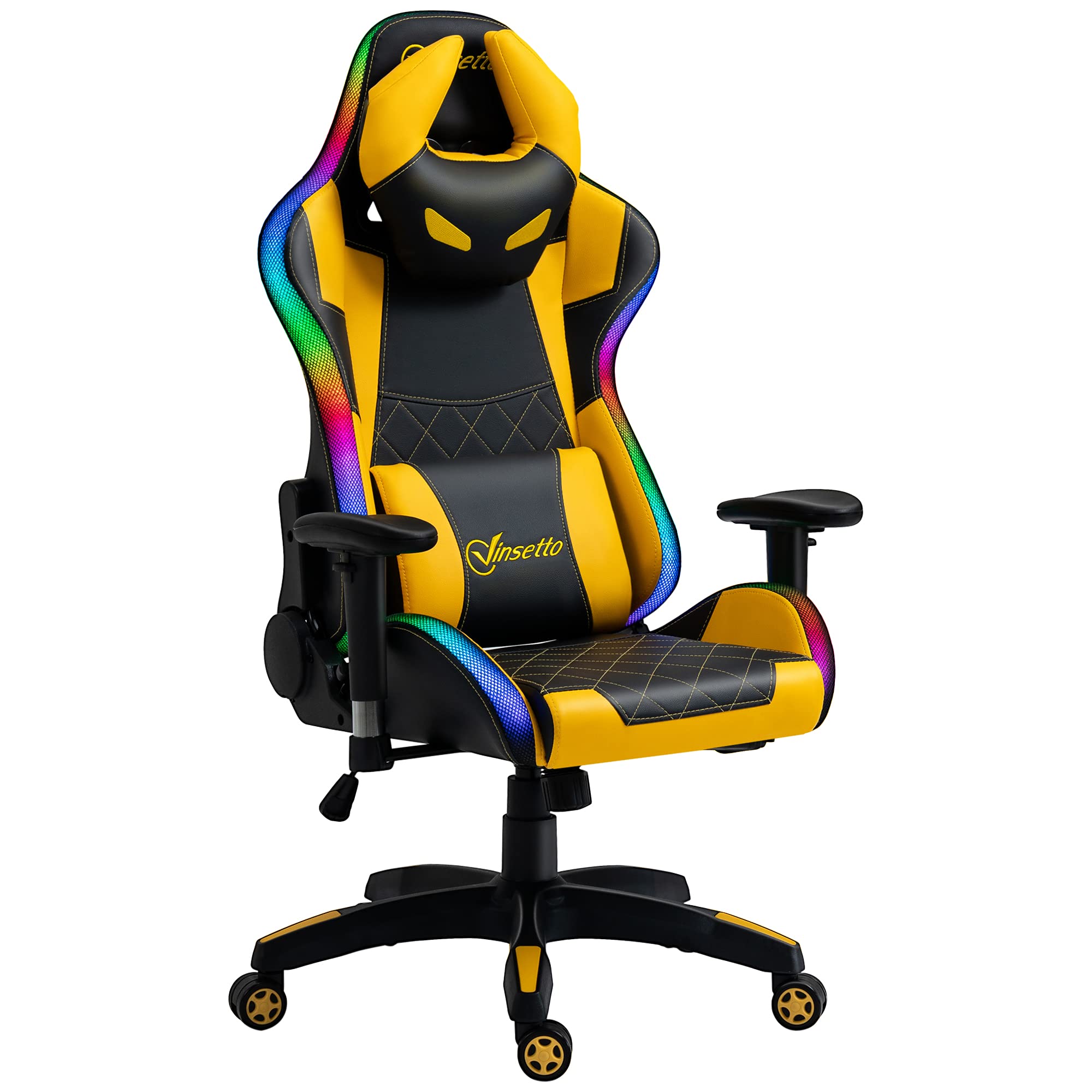 Vinsetto High-Back Racing Style Gaming Chair with RGB LED Lights - Ergonomic Computer Office Chair with Adjustable Headrest & Lumbar Support, Adjustable Armrests (Black/Yellow) - Perfect for Gaming, Streaming & Home Office Workspace