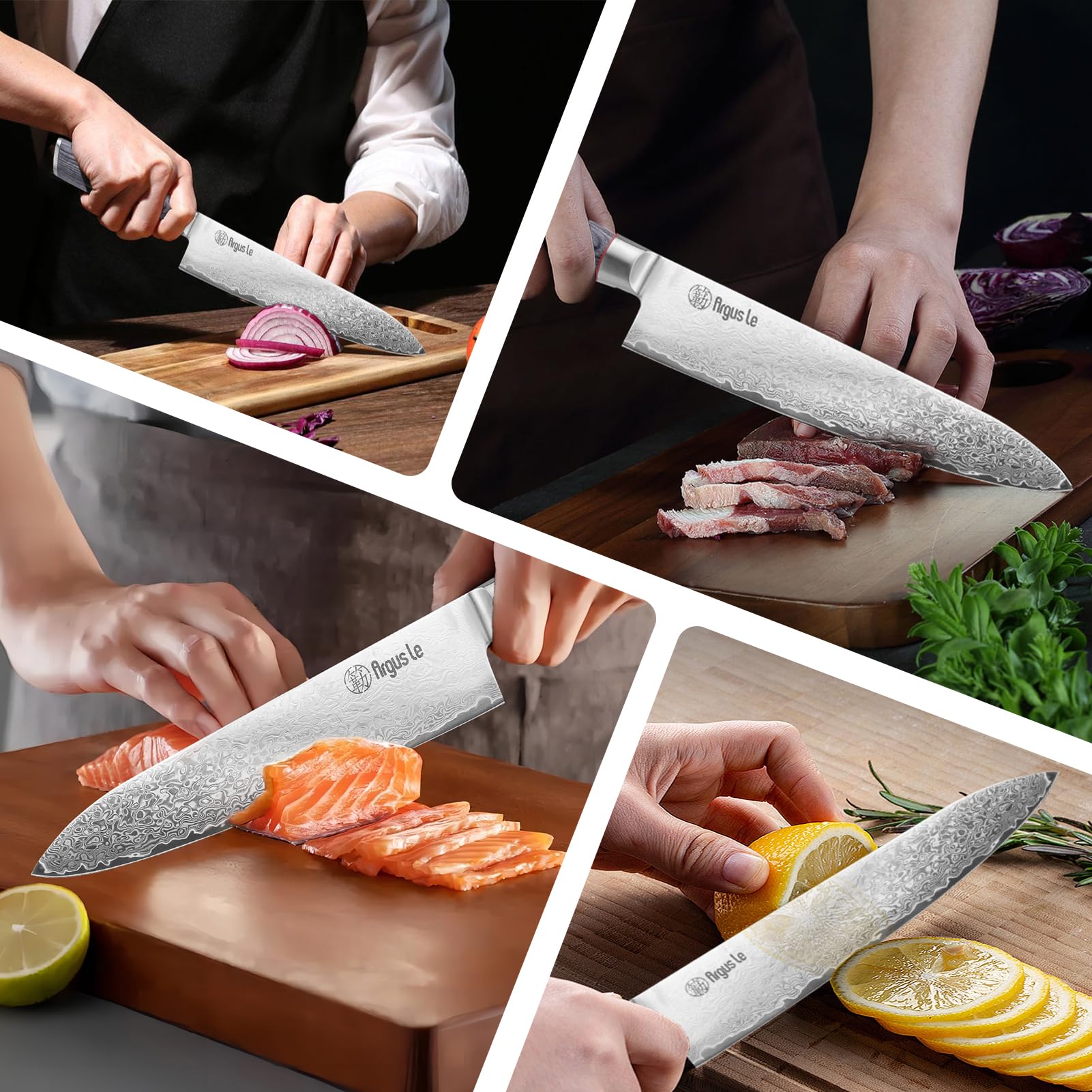Premium 8 Inch Damascus Chef Knife - Japanese VG-10 Stainless Steel Kitchen Knife with Razor Sharp Edge - Perfect for Slicing Meat, Chopping Vegetables - Ideal for Home Cooking & Professional Restaurants - Includes Grey Handle & Elegant Gift Box - Great for Wedding Gifts & Culinary Enthusiasts