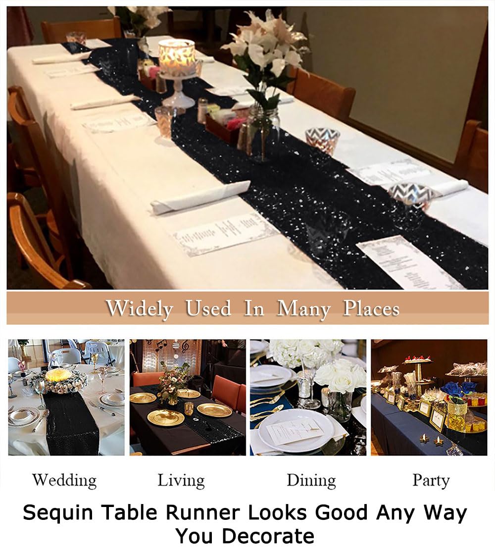 ShinyBeauty 48-Inch Sequin Black Table Runner with Sparkle Tassels - Elegant Dining Table Decor for Weddings, Birthdays & Special Events | Waterproof Sequined Fabric Overlay for Party, Banquet & Holiday Celebrations