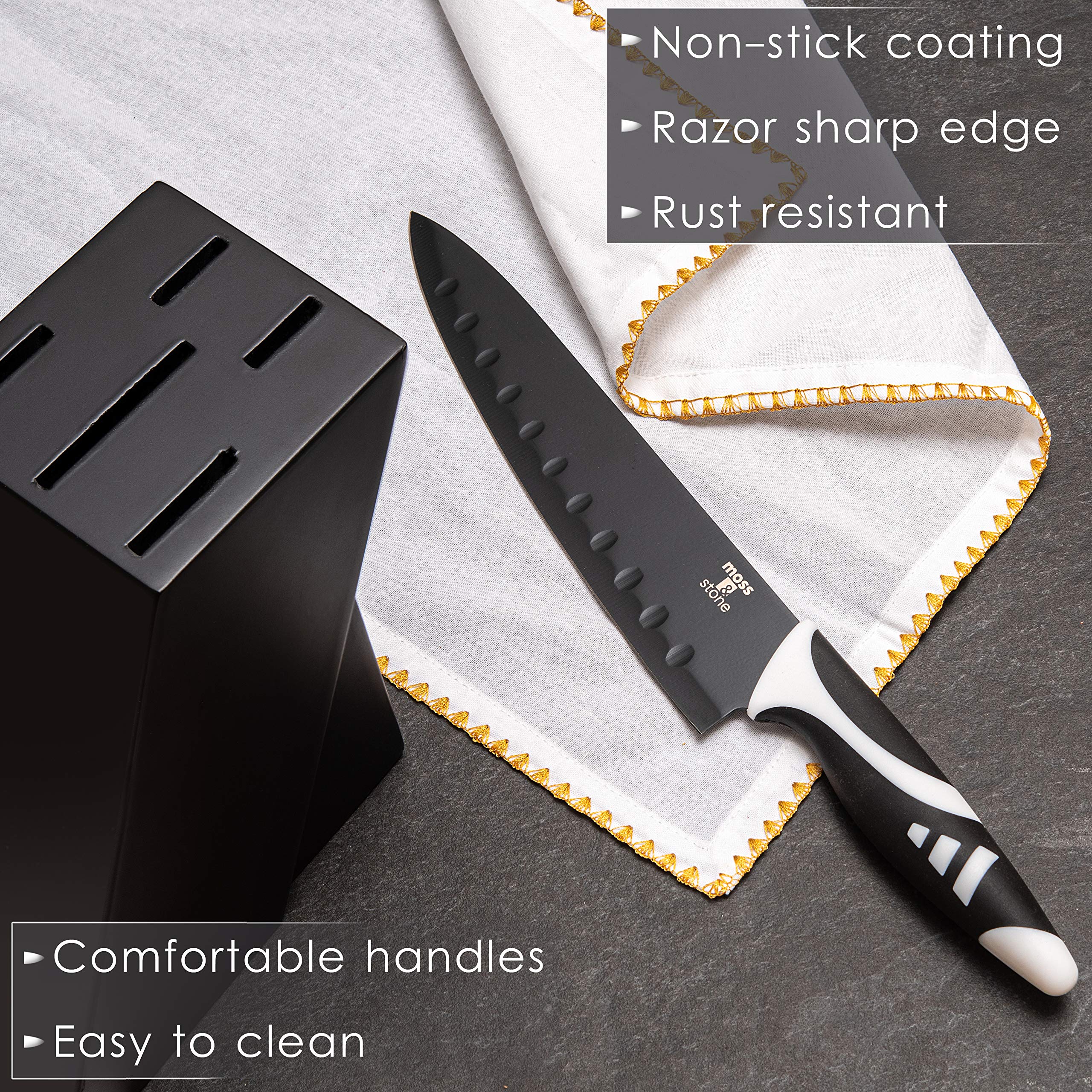 7-Piece Professional Kitchen Knife Set with Block - Black Titanium Plated Stainless Steel Chef Knives - Rust Proof & Scratch Resistant Sharp Knives for Cooking, Slicing, Dicing - Perfect for Home Chefs & Professional Kitchens