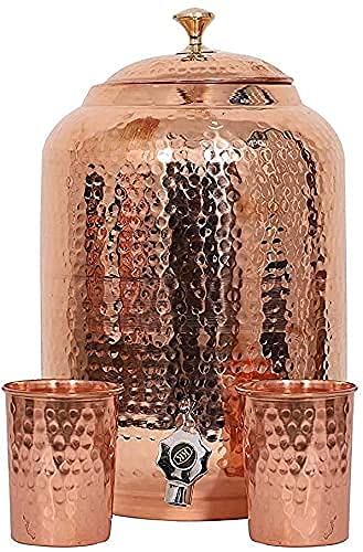 Pure Copper Drinkware Set - 5 Liter Copper Water Pot with 2 Glasses | 3-Piece Copper Water Container Set for Ayurveda & Wellness | Perfect for Home, Office & Yoga Retreats