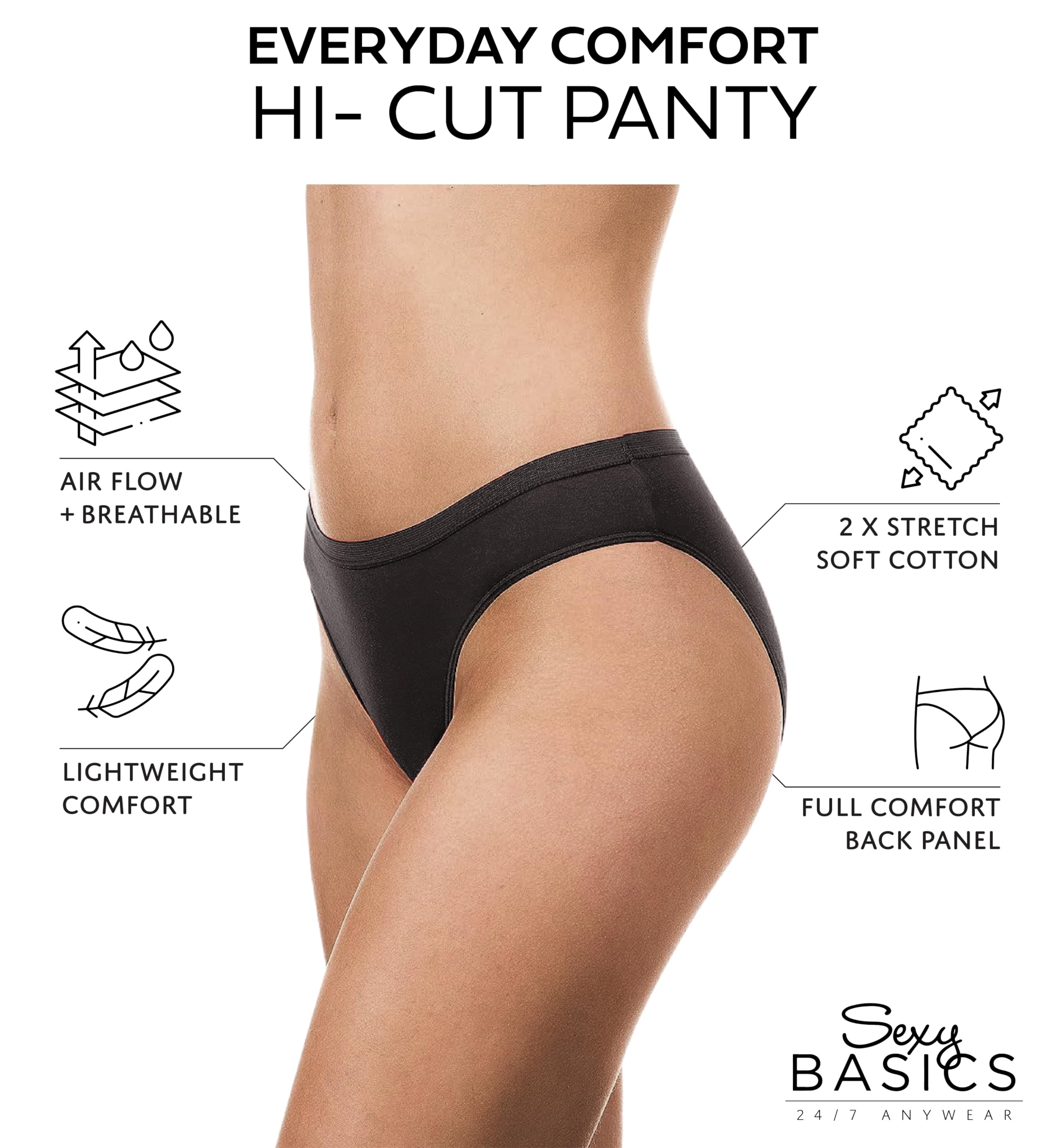 Sexy Basics Women's 12-Pack & 18-Pack High-Cut Bikini Briefs | 100% Cotton Underwear | Comfortable Everyday Wear for Work, Gym & Sleep
