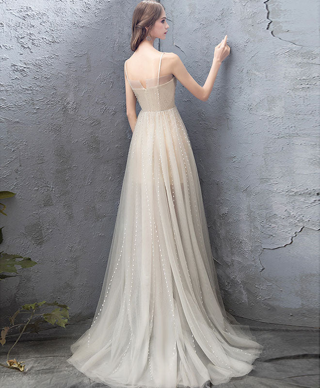 Elegant Champagne Tulle High-Low Prom Dress | Formal Evening Gown for Homecoming, Wedding & Special Occasions