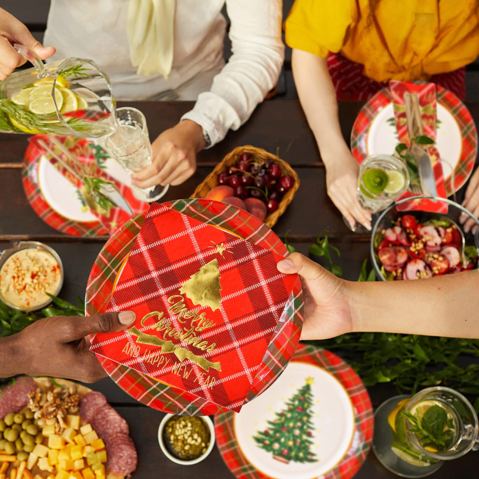 Gatherfun Christmas Party Supplies Set - 50 Disposable Red Plaid Paper Dinner Plates, Dessert Plates & Napkins for Holiday Celebrations | Perfect for Christmas Dinner, Office Parties & Family Gatherings