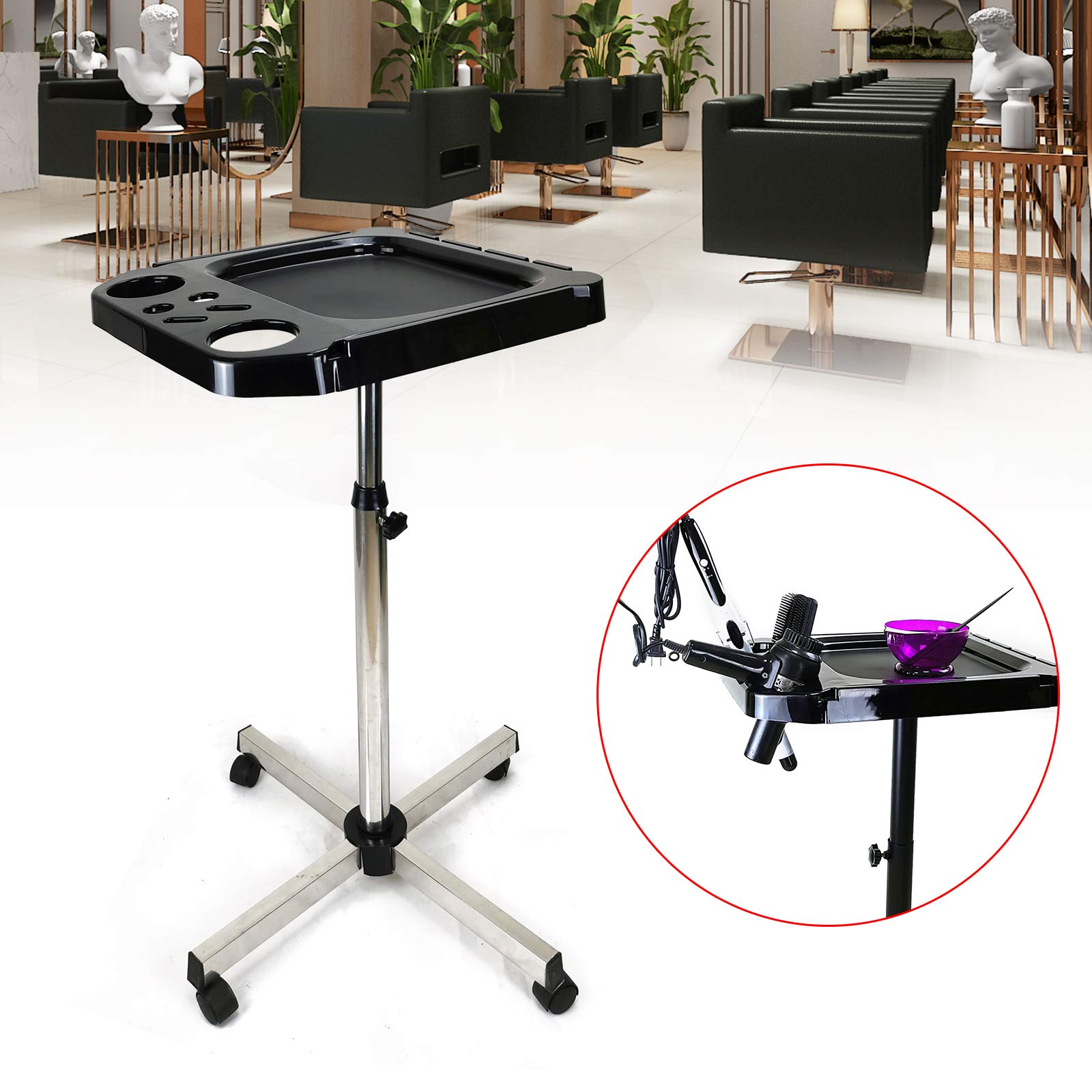 Premium Plastic & Alloy Salon Tray - Adjustable Height Rolling Beauty Trolley for Hair Styling, Spa & Tattoo Services | Professional Black/Silver Salon Organizer Tool | Ideal for Salon, Spa & Tattoo Parlor Organization