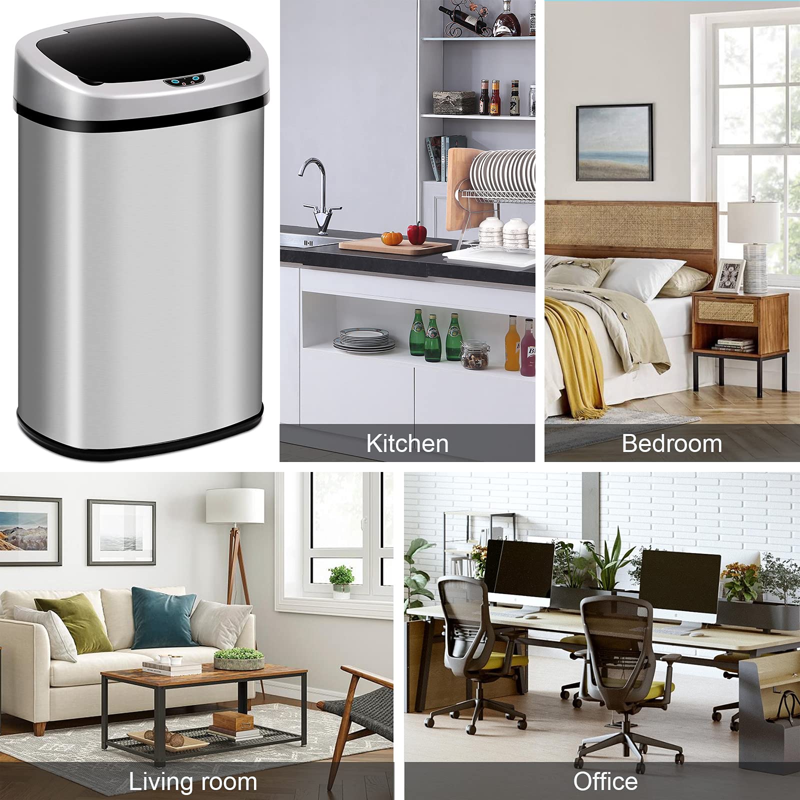 13 Gallon Stainless Steel Automatic Touchless Trash Can with Lid - Motion Sensor Garbage Bin for Kitchen, Bathroom, Bedroom & Office - Silver | Hands-Free Waste Disposal for Hygienic Home & Workspaces