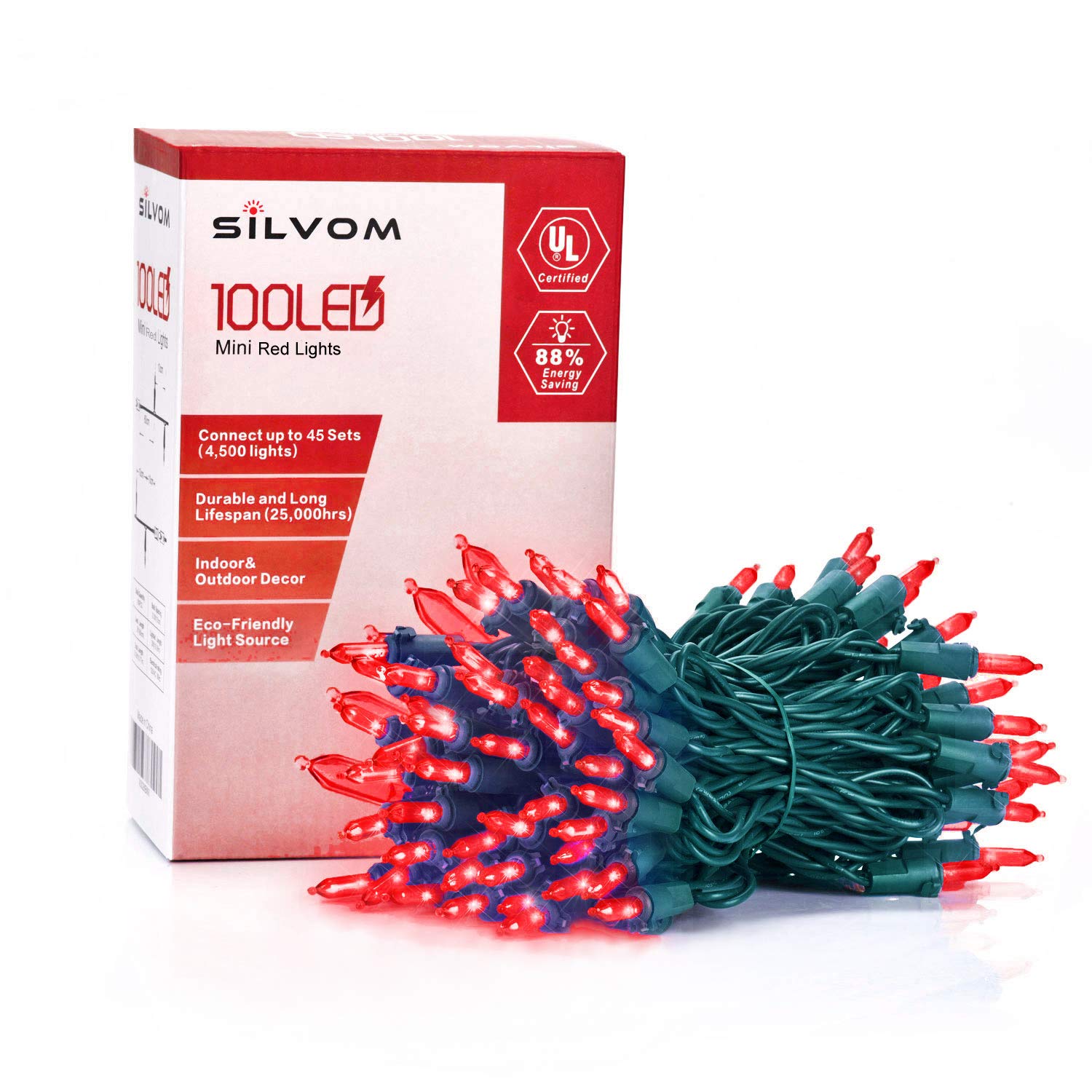 Silvom 33ft 100 LED Christmas String Lights - UL Certified 120V Red Holiday Lights for Indoor & Outdoor Decor | Perfect for Xmas Trees, Halloween, Weddings, Parties, Patio & Home Decoration