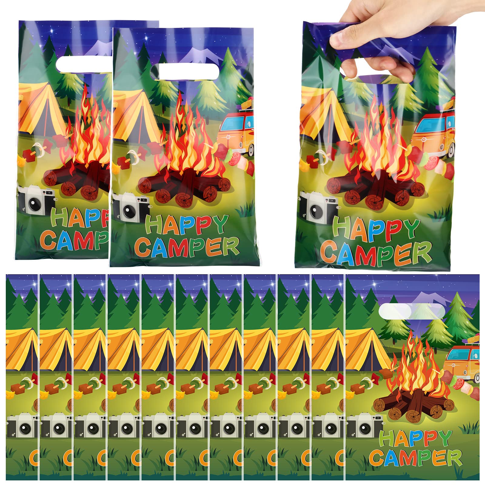 100-Piece Camping Party Favor Bags with Handles - Waterproof Candy Treat Bags for Kids Birthday, Outdoor Camping Theme Decorations & Supplies - Perfect for Birthday Parties, School Events, and Outdoor Adventures