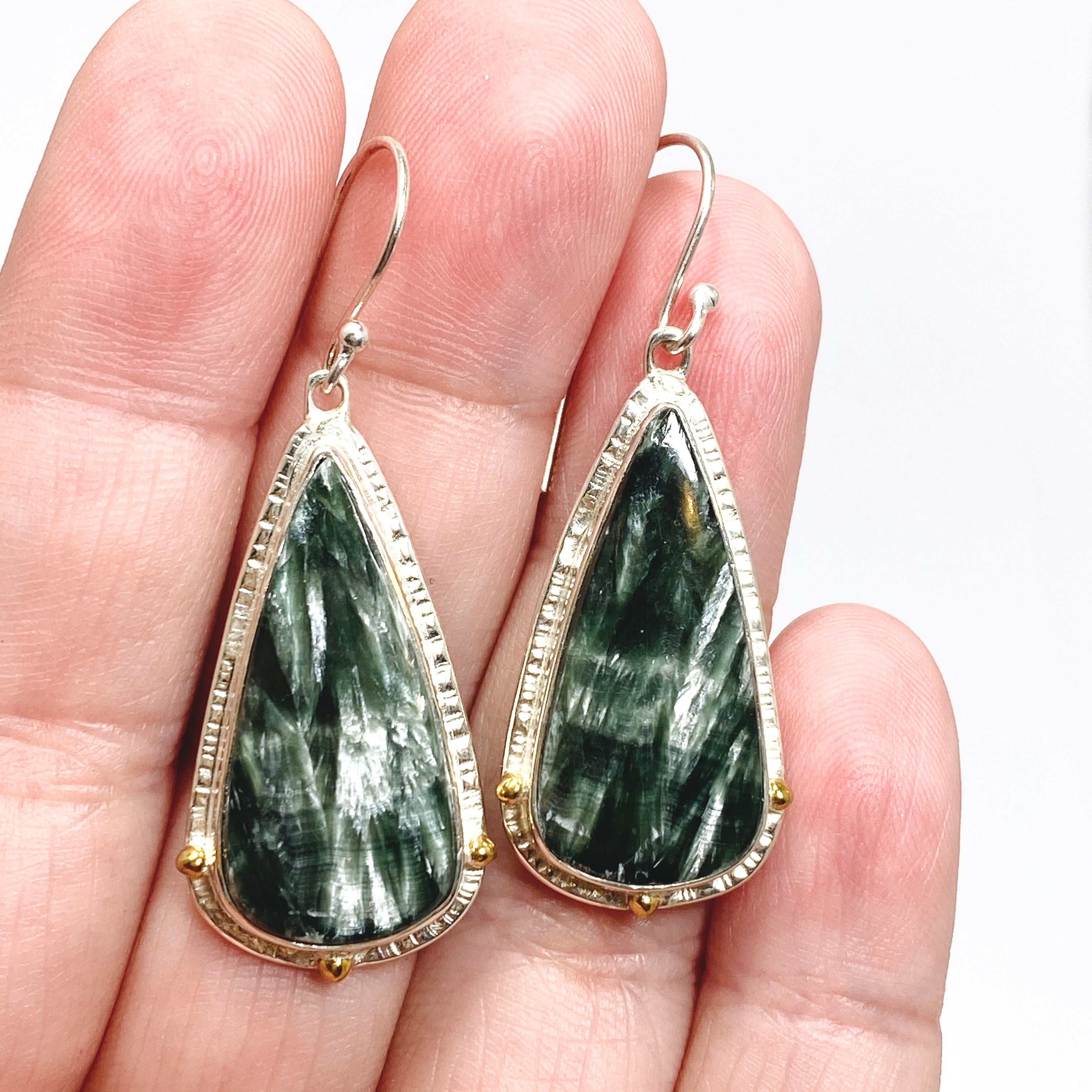 Seraphinite Teardrop Cabochon Earrings - Sterling Silver Handmade Jewelry for Women | Elegant Gift for Birthday, Anniversary & Special Occasions