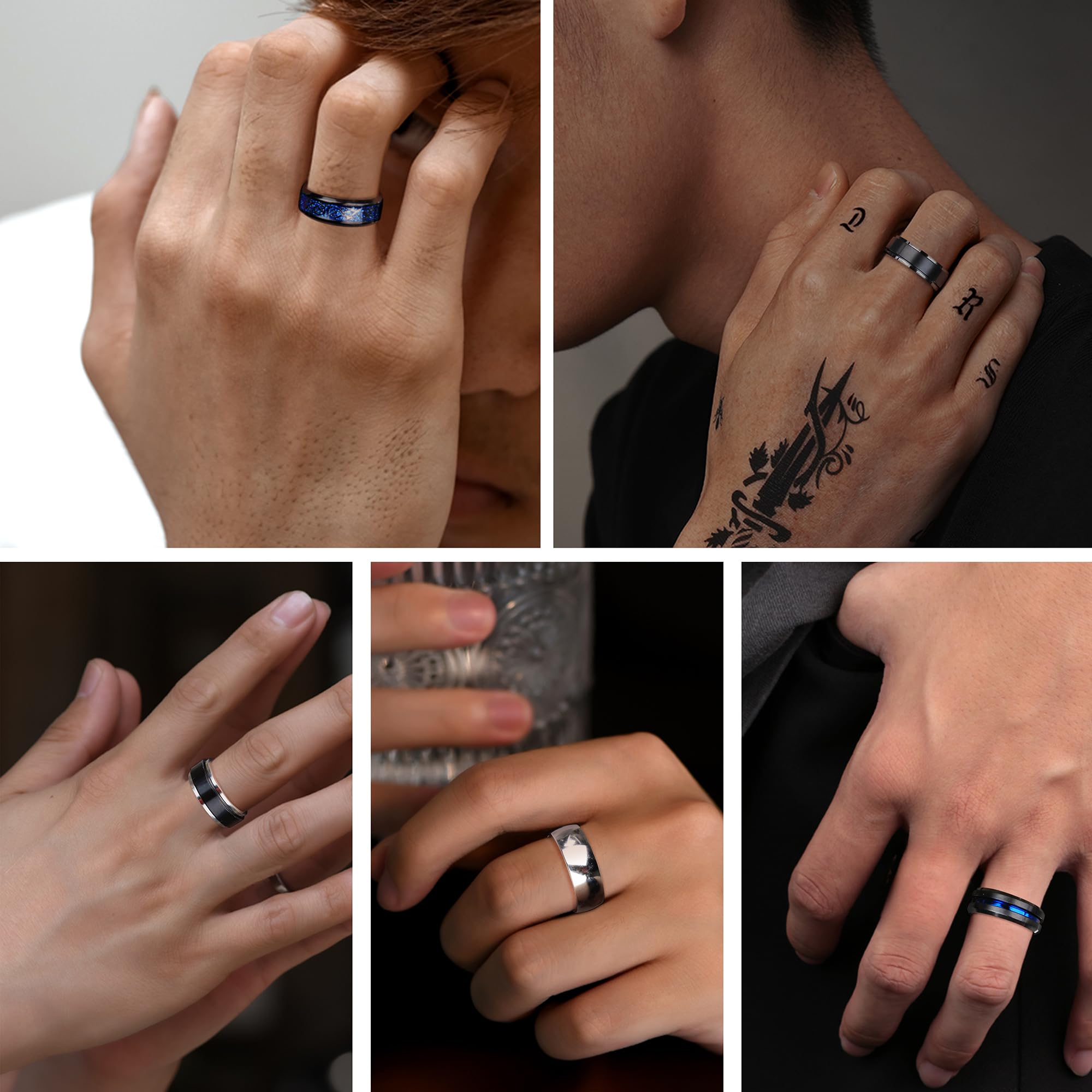 CASSIECA 16 Pcs Stainless Steel Spinner Fidget Rings for Men - Silver & Black Matte Finish, Polished Band, Celtic Chain & Bottle Opener Rings - Wedding, Engagement, Promise Rings (Size L1/2-Z1/2) - Perfect for Stress Relief, Gifts & Everyday Wear