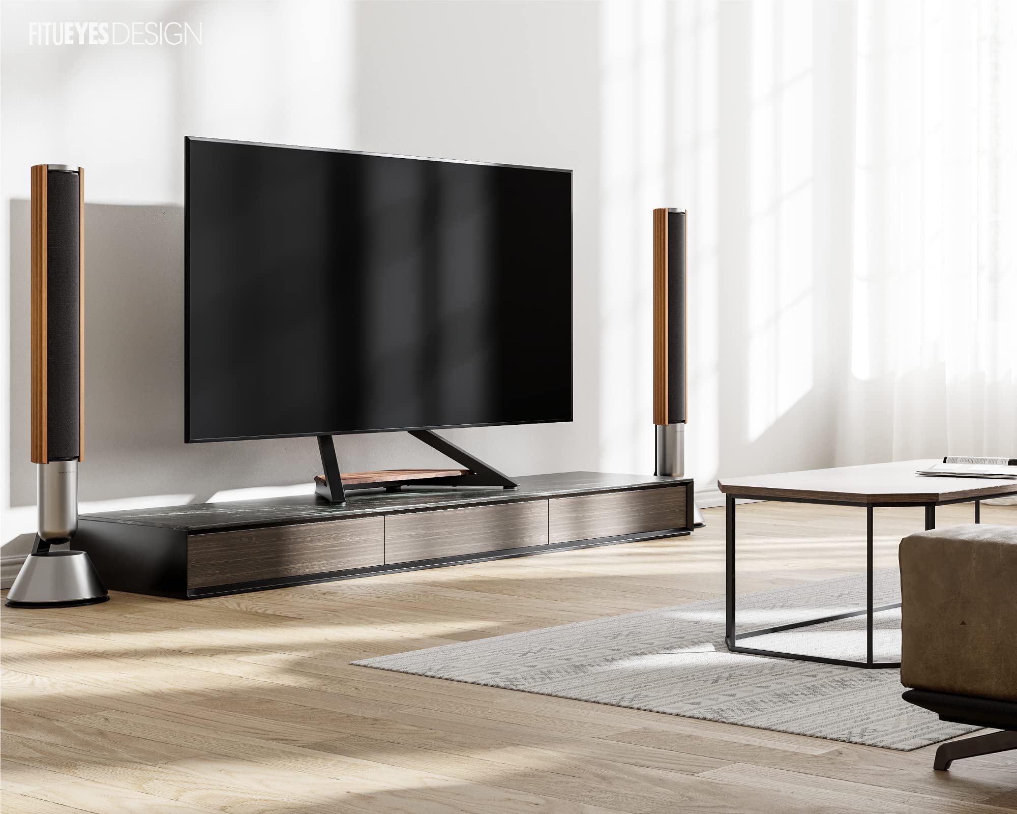 FITUEYES Universal Tabletop TV Stand for 55-86 Inch TVs - Adjustable Height TV Mount with Sturdy Wooden Base - Eiffel Series TV Stand for Living Room, Bedroom & Home Theater Setup