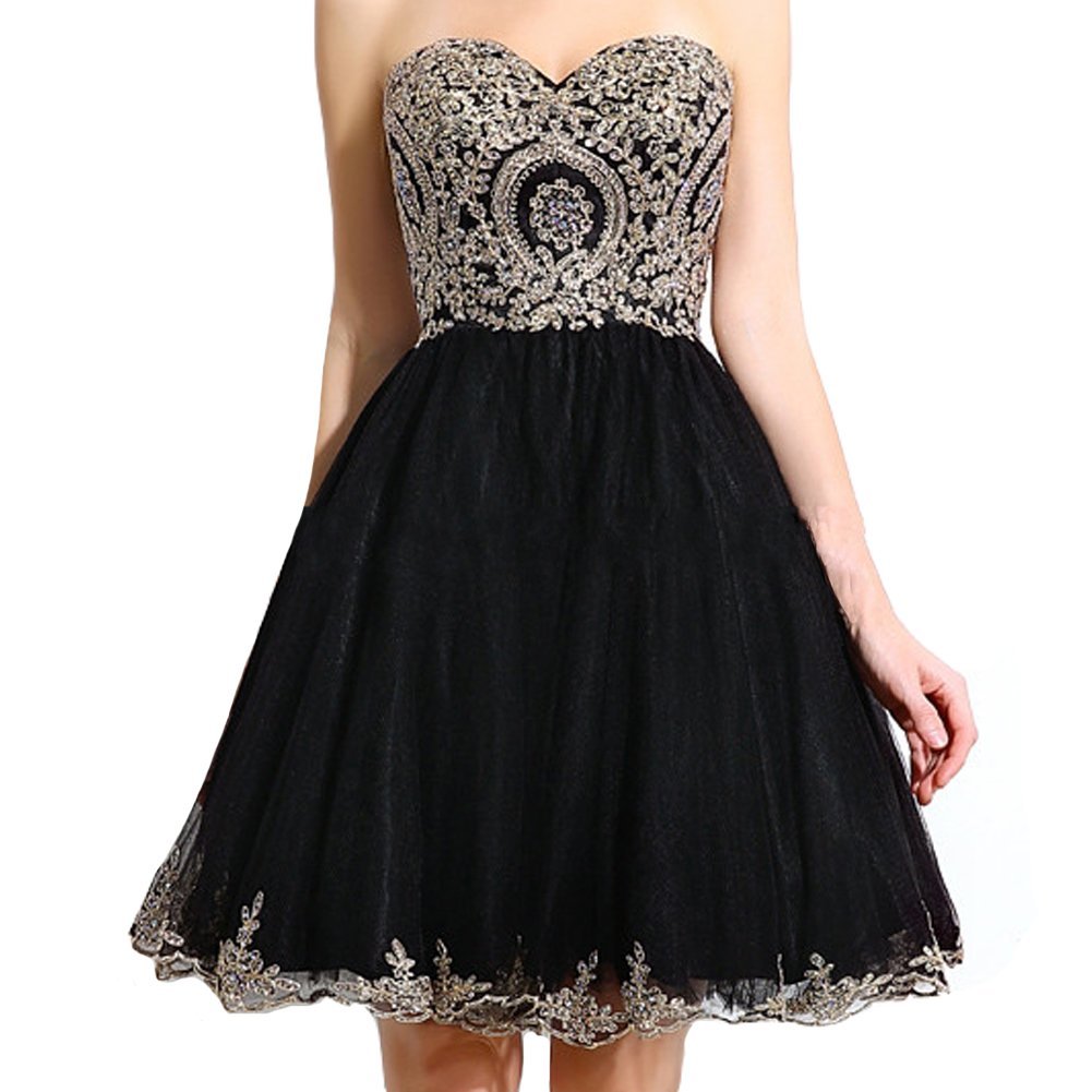 Kivary Gold Lace Crystals Short Tulle Corset Prom Dress - Homecoming, Cocktail Party, Evening Gown for Women | Perfect for Formal Events, Dances & Special Occasions
