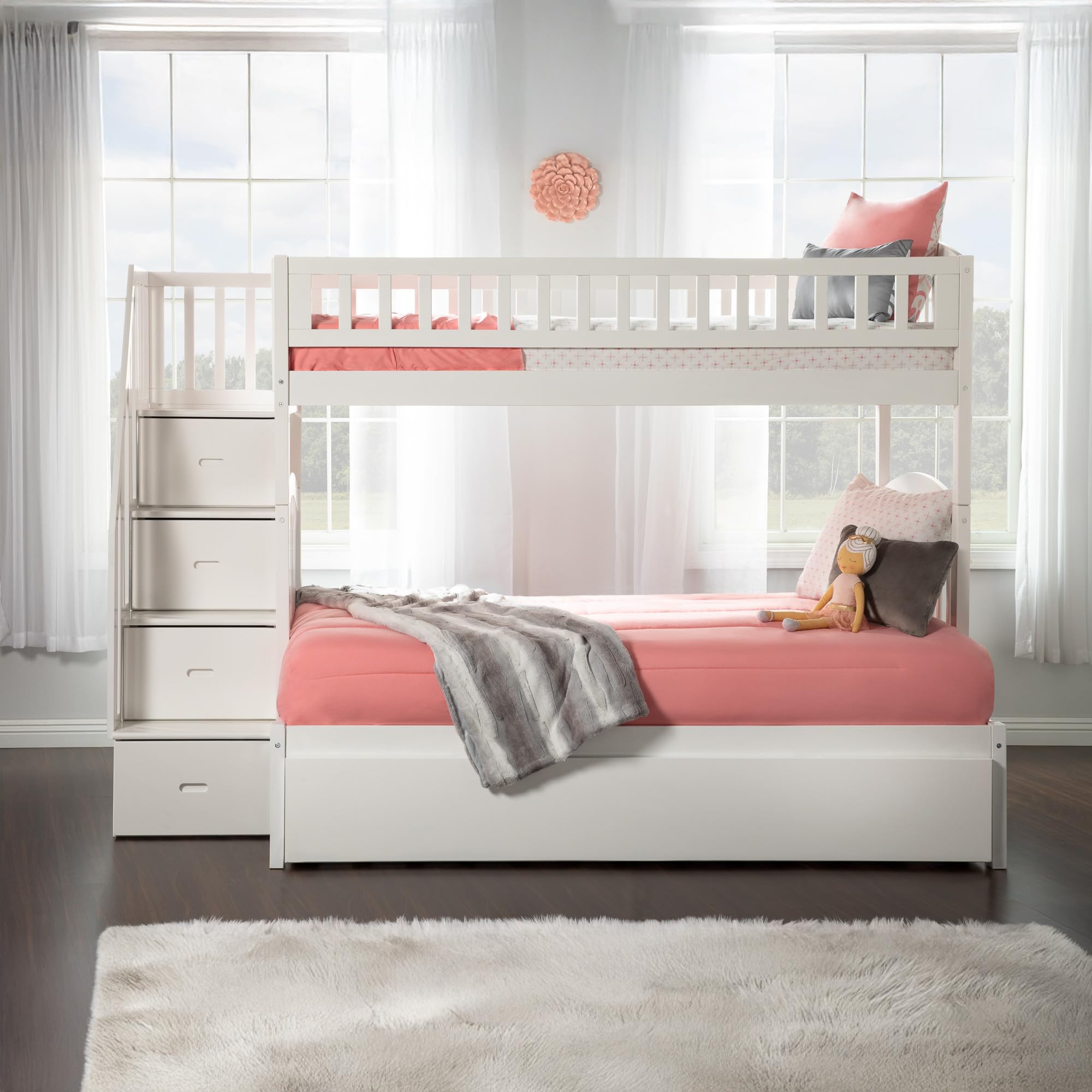 AFI Westbrook Twin Over Full Staircase Bunk Bed with Trundle & USB Charger - Space-Saving Kids Bedroom Furniture for Small Rooms, Sleepovers & Guest Rooms (White)
