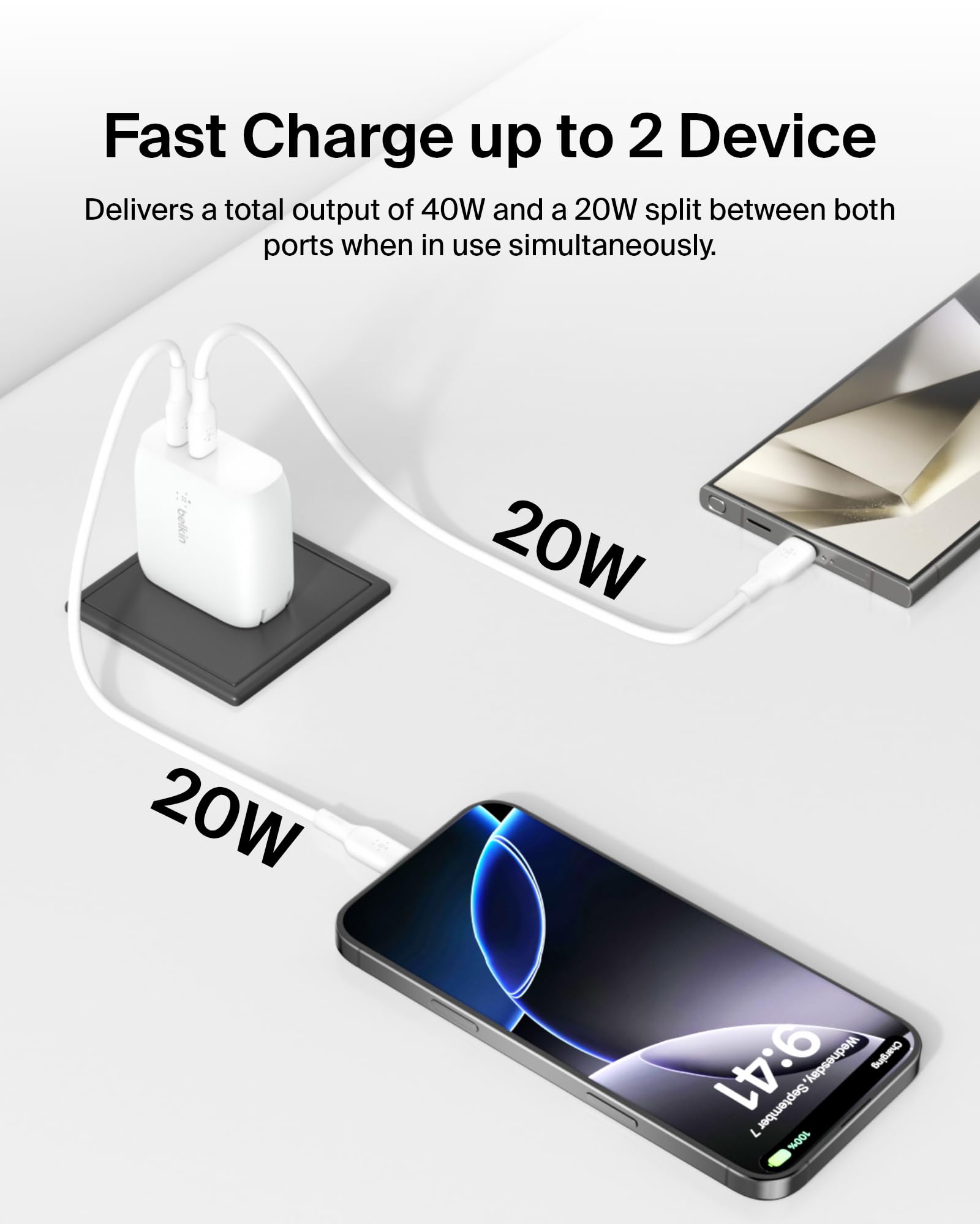 Belkin 40W Dual Port USB-C Wall Charger Fast Charger for iPhone 15/14/13 Series, Galaxy S23, iPad & AirPods - Compact 2-Pack for Home, Office & Travel Charging
