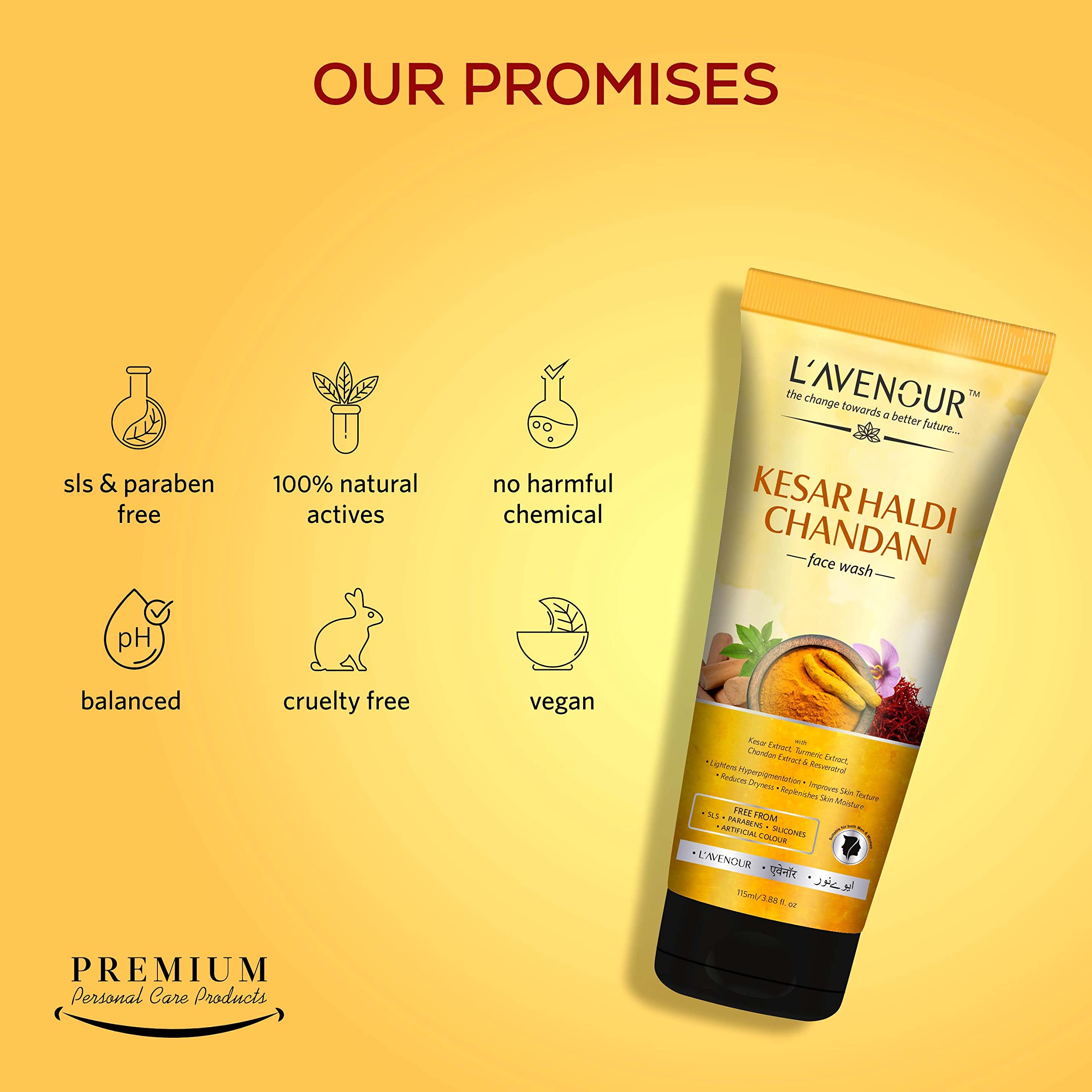 L'avenour Kesar Haldi Chandan Natural Ubtan Face Wash for Men & Women - Brightens Skin, Reduces Hyperpigmentation & Dryness | 115ml (3 Pack) | Perfect for Daily Skincare Routine & Glowing Complexion