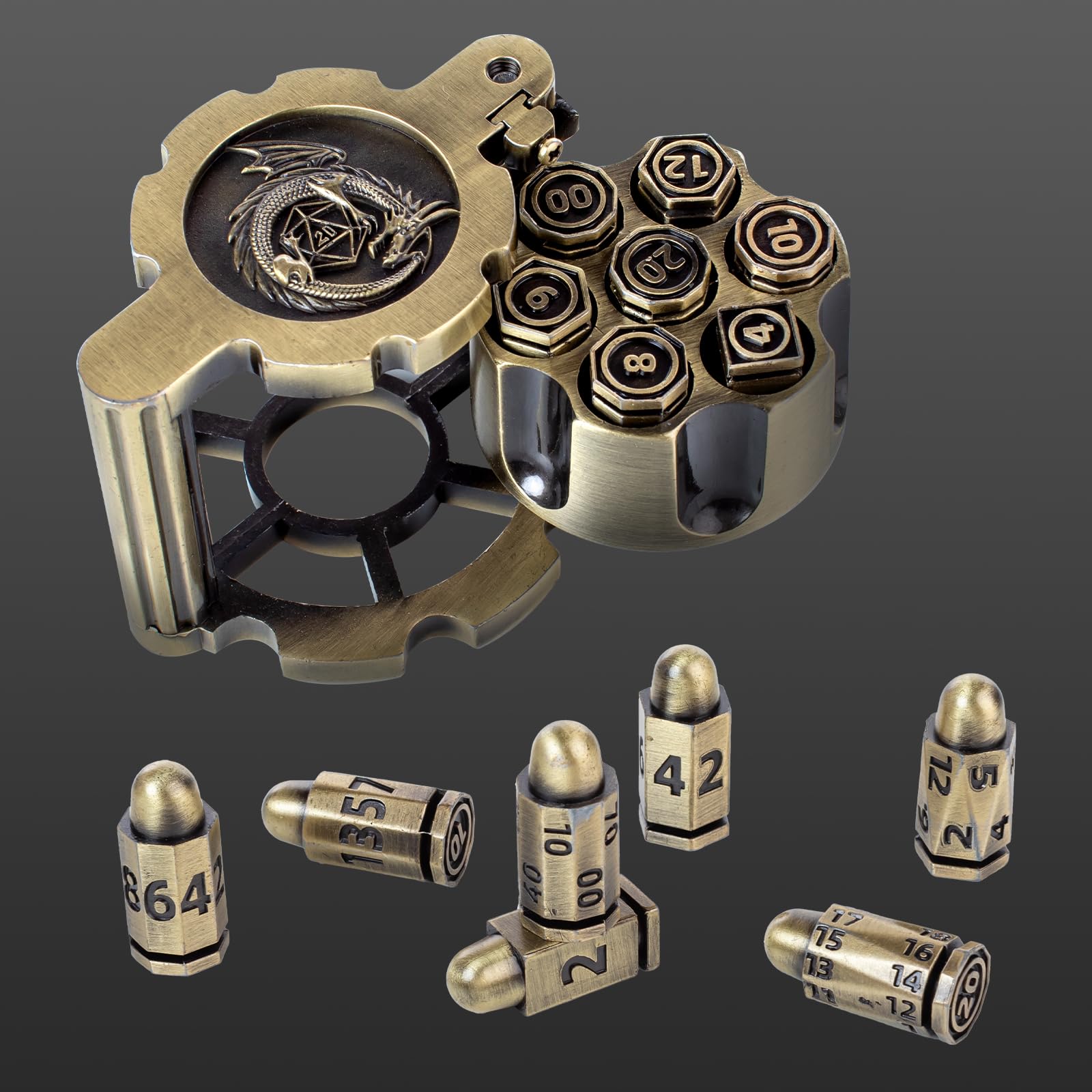 Cyberpunk Style Metal Polyhedral Bullet Dice Set of 7 with Spinning Revolver Cylinder - DND Dice for Warhammer 40K, D&D, Pathfinder RPG | Perfect for Tabletop Gaming, Crime-Themed Campaigns & Collector Displays