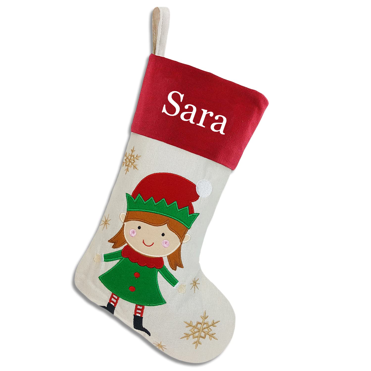 Personalized Christmas Stockings with Embroidered Names - Custom Holiday Gift Bags & Stocking Holders (Elf Girl Design, Red/Green) - Perfect for Fireplace Decor, Family Gift Exchange & Christmas Morning Surprises