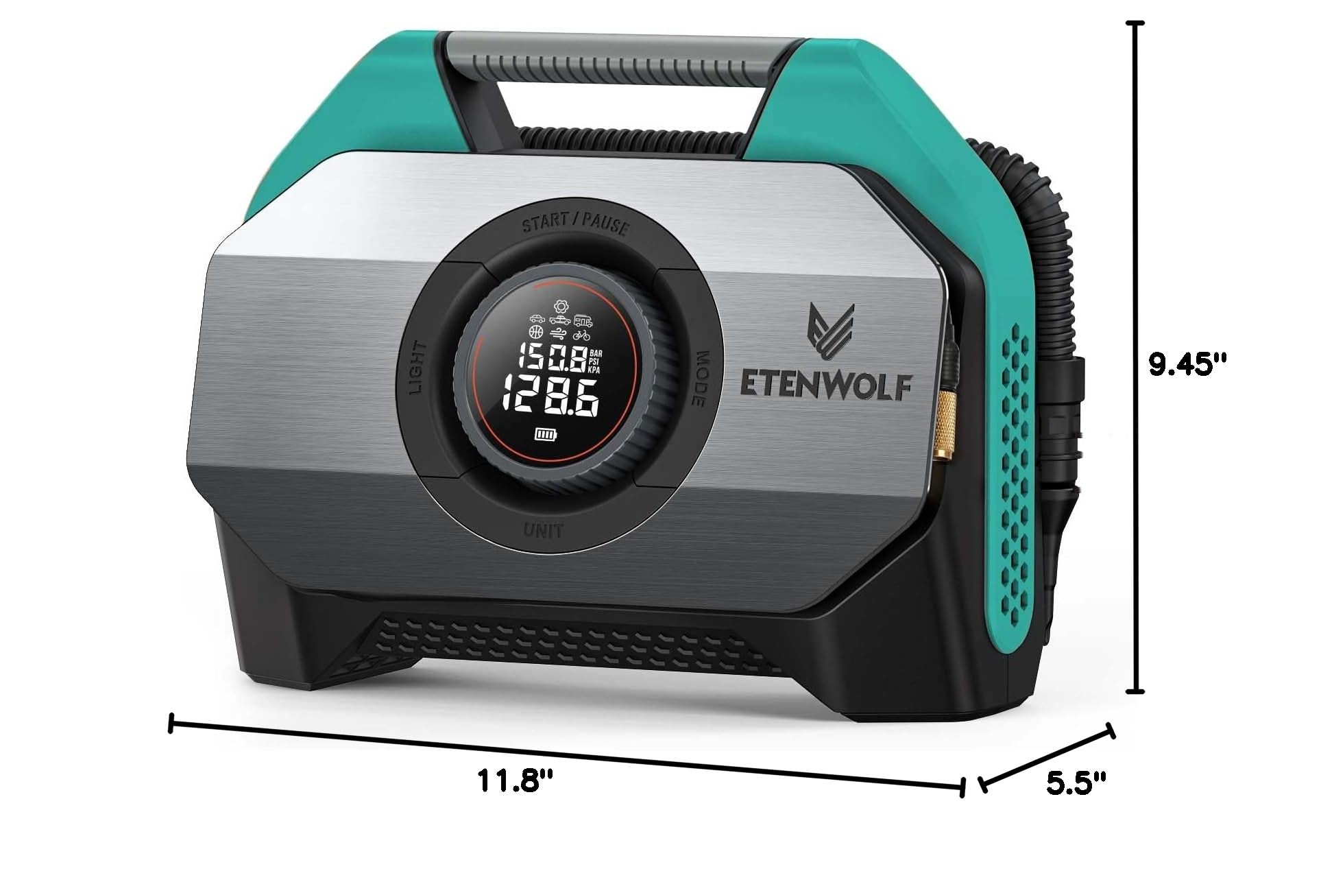 ETENWOLF VORTEX S6 Heavy-Duty Cordless Tire Inflator - 19200mAh Portable Air Compressor for Cars, Trucks, Bikes & Inflatables | Dual Cylinder Fast Inflation | 100% Duty Cycle | Dark Cyan | Perfect for Road Trips, Camping & Emergency Tire Repair