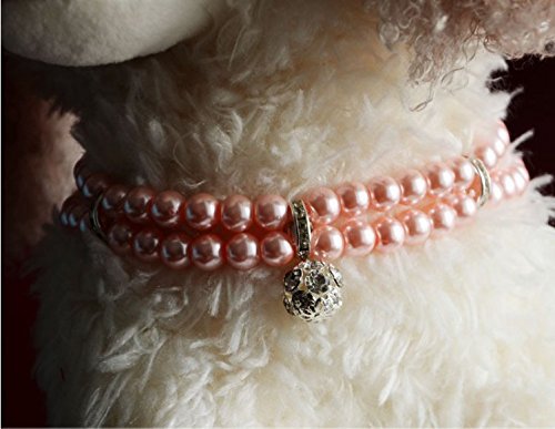 Luxury 2 Row Pearls Rhinestones Pet Collar Necklace with Bling Crystal Charm - Adjustable 10-12 Inch Pink Dog Cat Jewelry for Small Dogs, Puppies, Chihuahua, Yorkie - Perfect for Pet Parties, Photos & Special Occasions