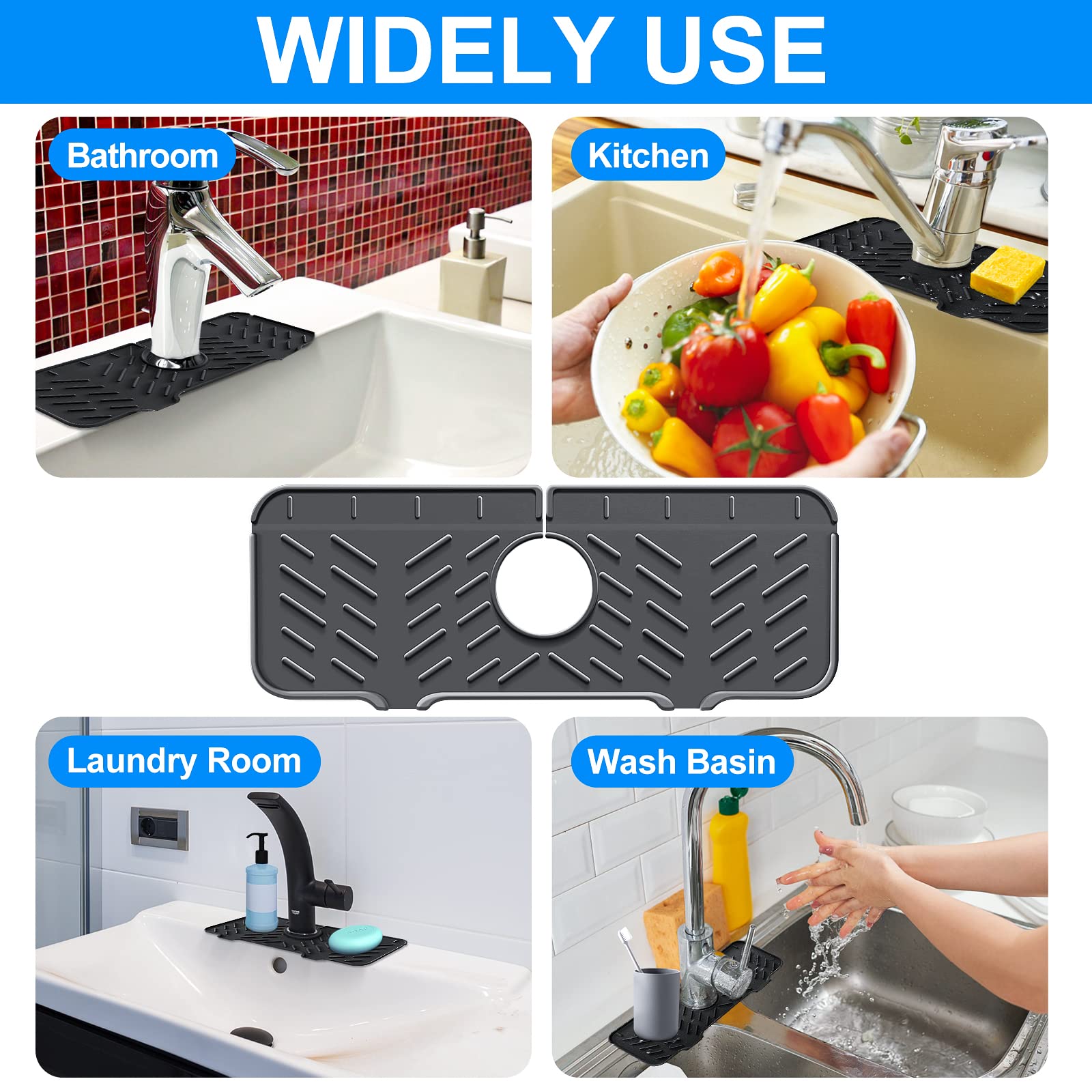 2 PCS Silicone Kitchen Sink Splash Guard - Water Splash Prevention Tray for Faucets, Durable Draining Pad for Kitchen, Bathroom, Bar & RV - Perfect for Washing Dishes, Cleaning Vegetables & Preventing Countertop Mess
