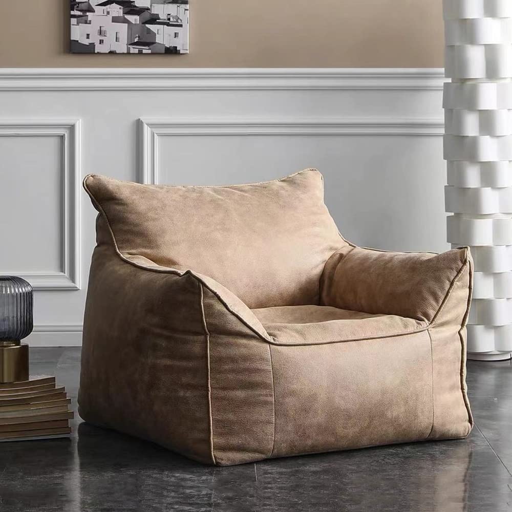 Luxury PU Faux Suede Leather Bean Bag Chair Cover (No Filler Included) - Retro Beige Color, Soft Single Lazy Sofa Pouf for Bedroom, Living Room & Garden - Perfect for Relaxing, Lounging & Home Decor