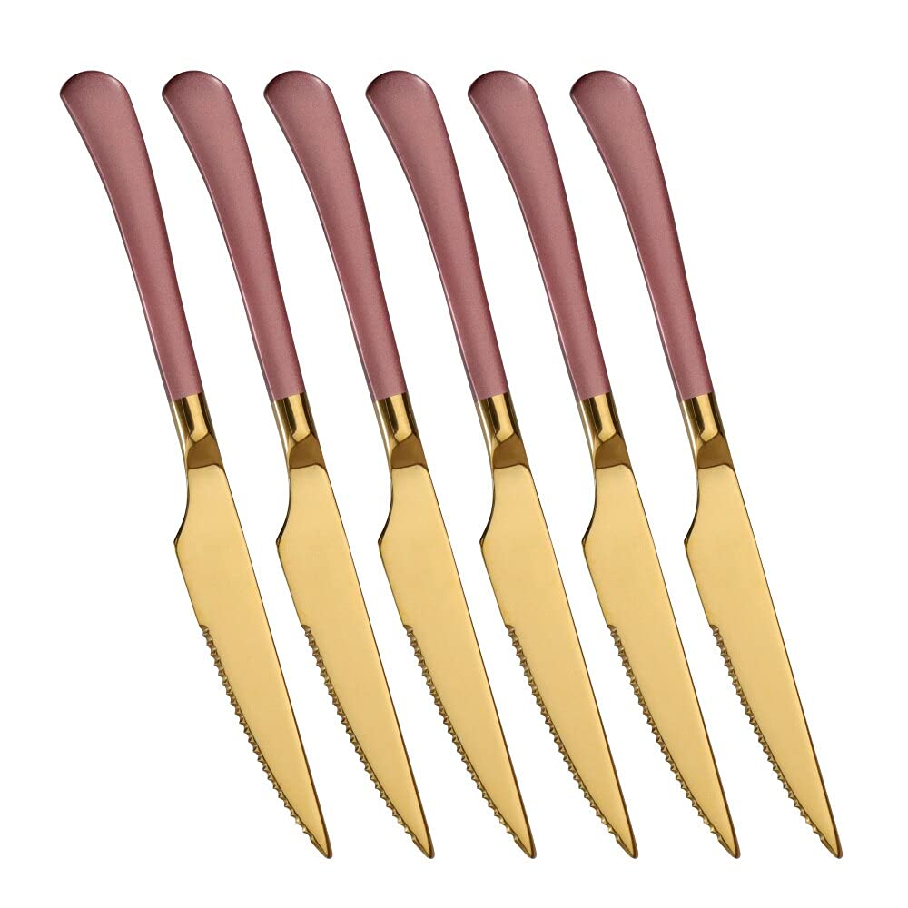 Premium 6-Piece Stainless Steel Steak Knife Set - Rose Gold Dinner Knives for Steak, Meat & BBQ - Luxury Cutlery for Restaurant, Home Kitchen & Dinner Parties (6pcs Pink Gold)