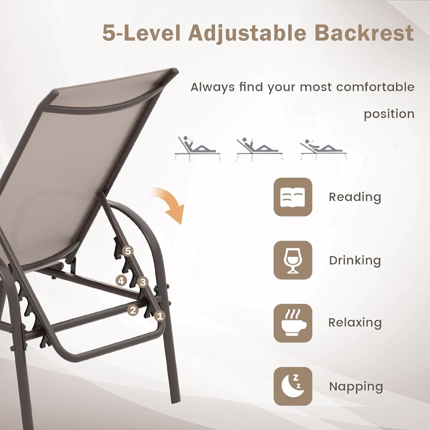Giantex Adjustable Patio Lounge Chair - 5-Position Reclining Outdoor Chaise Lounge with Sturdy Steel Frame - Perfect for Sunbathing, Beach, Poolside, Backyard & Balcony Relaxation - Weather-Resistant Brown Outdoor Furniture