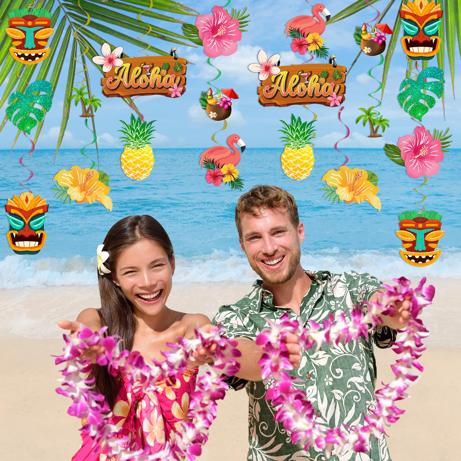 40pcs Aloha Luau Hanging Swirls - Hawaiian Party Decorations Set for Tropical & Tiki Themed Events - No DIY Foil Ceiling Decor - Perfect for Luau Parties, Beach Weddings & Summer Celebrations