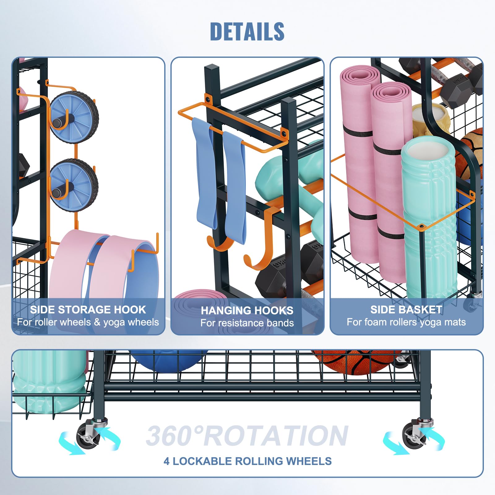 Dumbbell Weight Rack & Yoga Mat Storage Organizer - Heavy Duty Home Gym Equipment Cart with Wheels & Hooks for Dumbbells, Kettlebells & Workout Accessories | Perfect for Garage Gym, Home Workout & Yoga Studio Organization