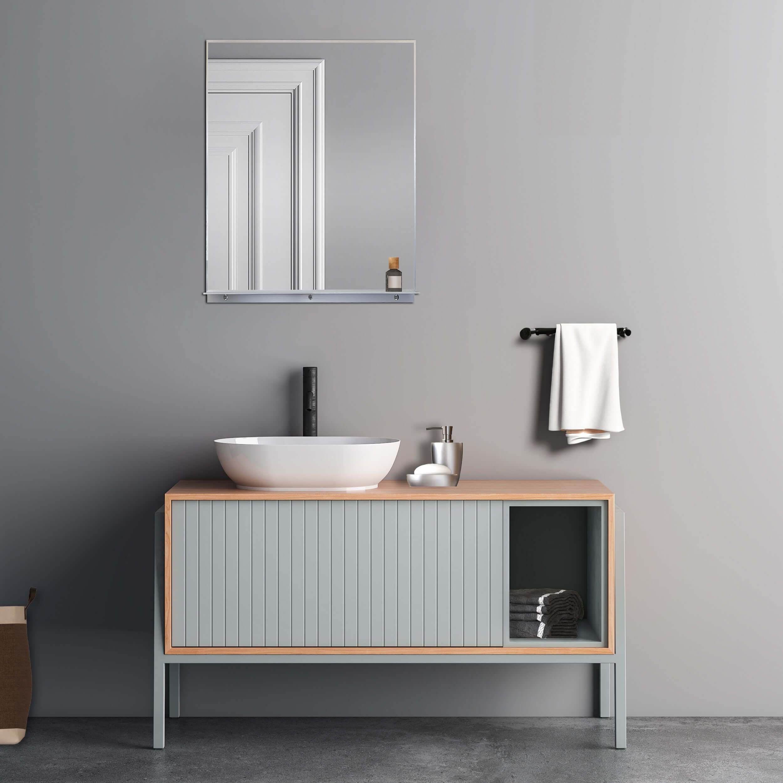24W x 32H Rectangular Wall Mirror with Shelf - Brushed Nickel Finish - Bathroom Vanity Mirror, Bedroom Decor, Entryway Accent