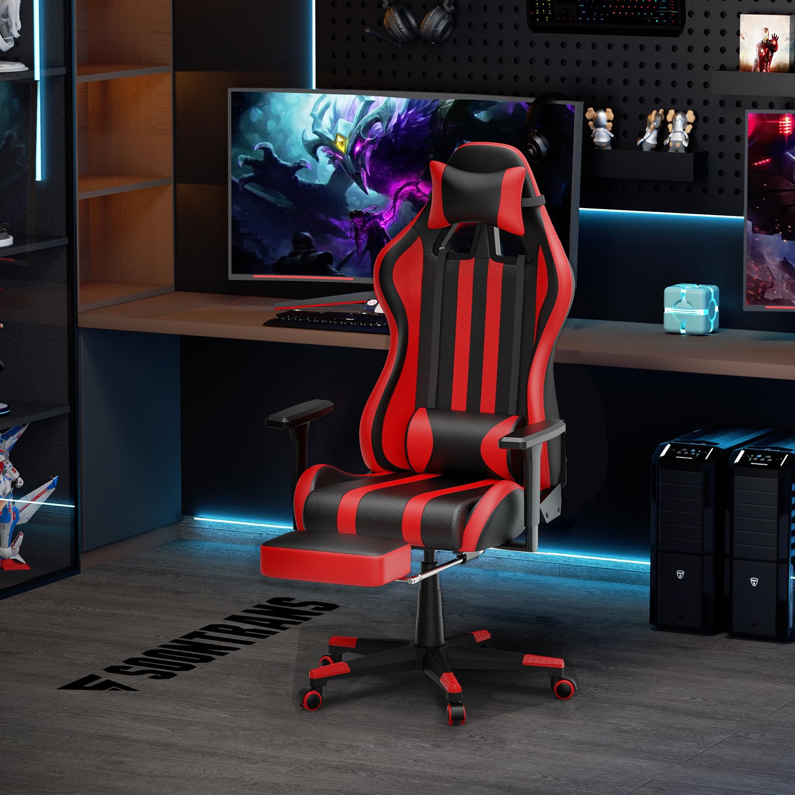 Soontrans Red Gaming Chair with Footrest - Ergonomic Racing Style Massage Gaming Chair for Adults, Adjustable Height & 360° Swivel, Reclining Computer Office Chair for PC Gaming, Streaming & Home Office Use