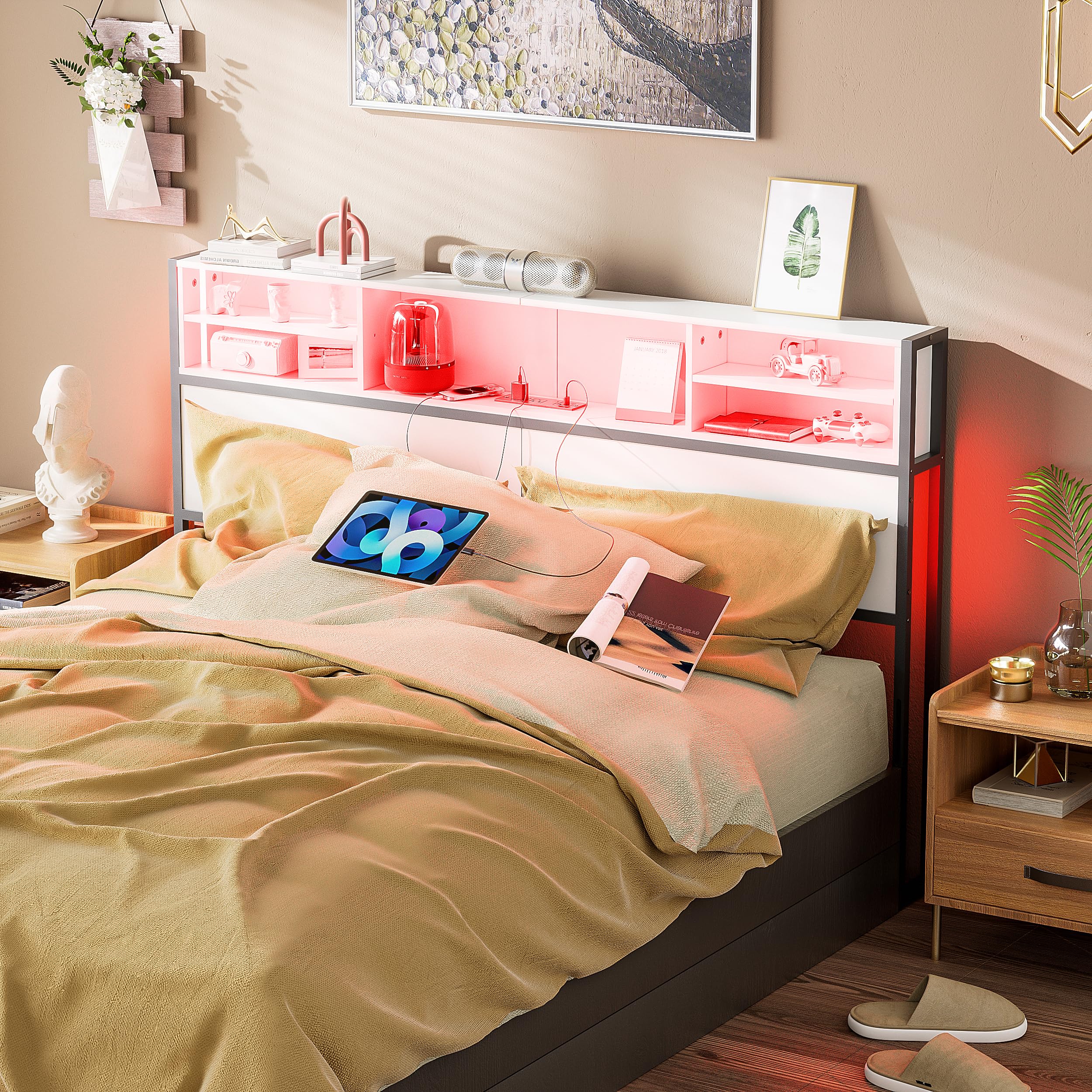 PAKASEPT Queen Size Headboard with USB Ports, Outlets & RGB LED Lights - 4-Tier Storage, Height Adjustable - Modern Bed Headboard for Queen Beds (White) - Perfect for Bedroom Upgrade, Small Space Storage & Nighttime Reading