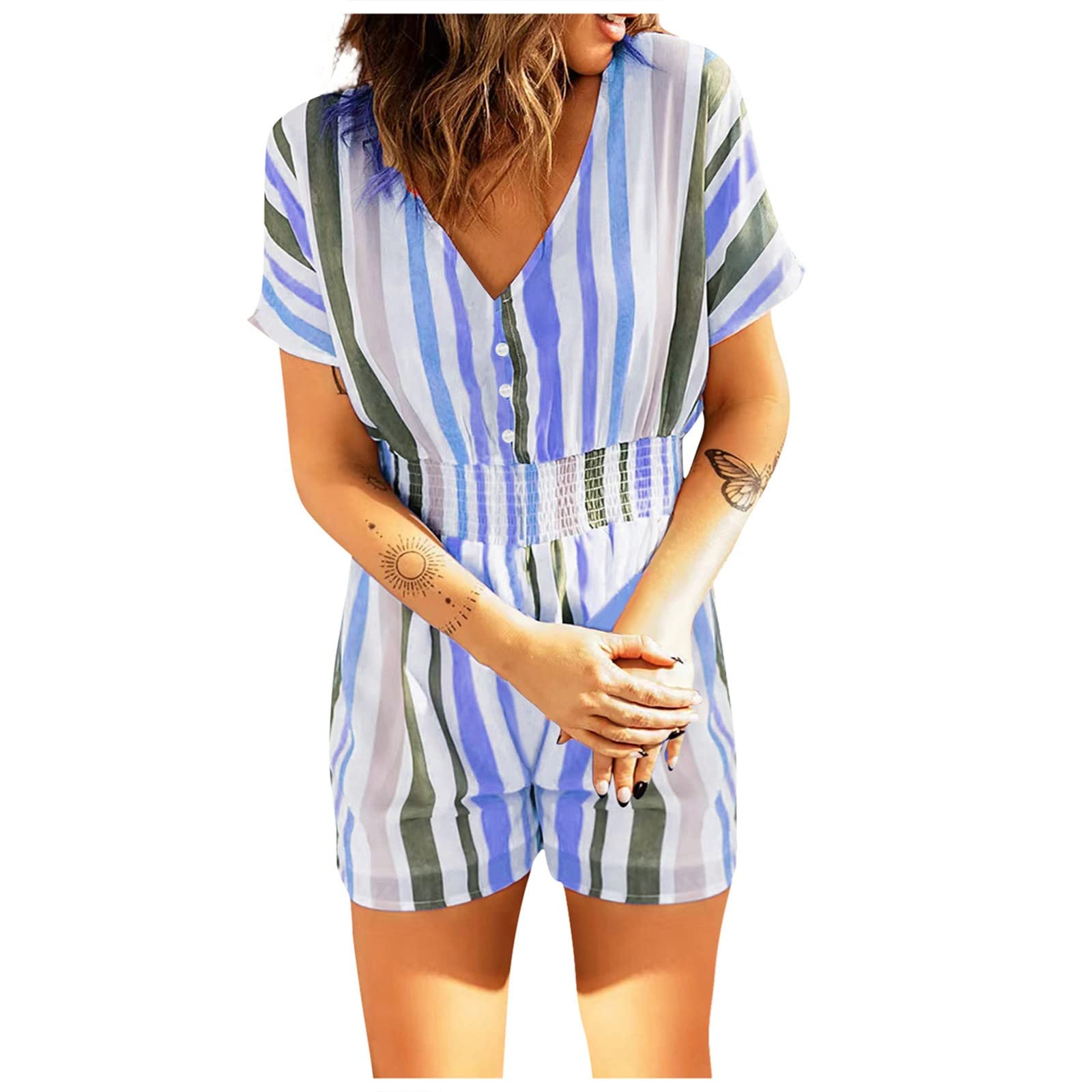 Women's Casual V-Neck Button-Up Corset Print Short Sleeve Jumpsuit - Stylish Summer Outfit for Beach, Party & Date Night | B976
