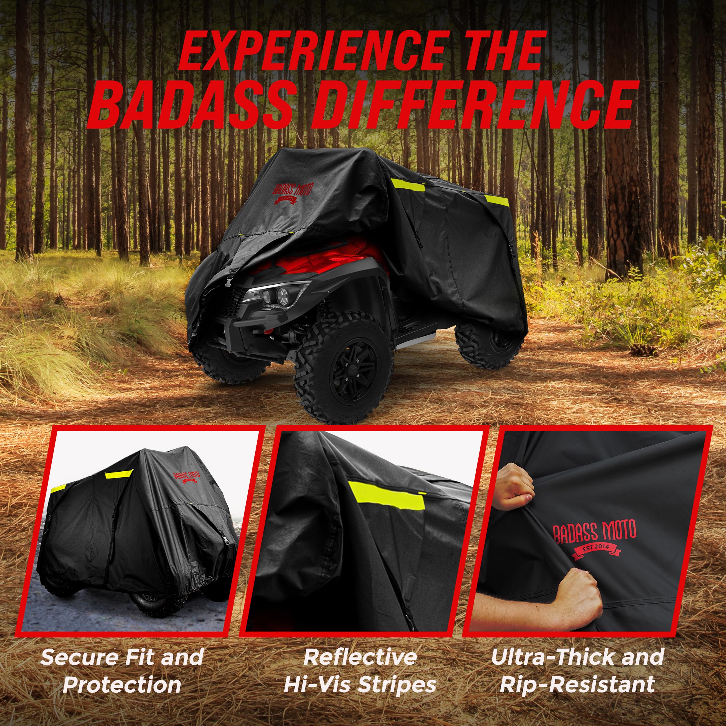 Badass Moto ATV Cover - Heavy Duty Waterproof Outdoor Protection with Rip-Resistant & Night-Reflective Design - Universal 4 Wheeler Cover with Easy-Access Zipper & Ventilation - Perfect for ATV, UTV, Quad Bike Accessories (95