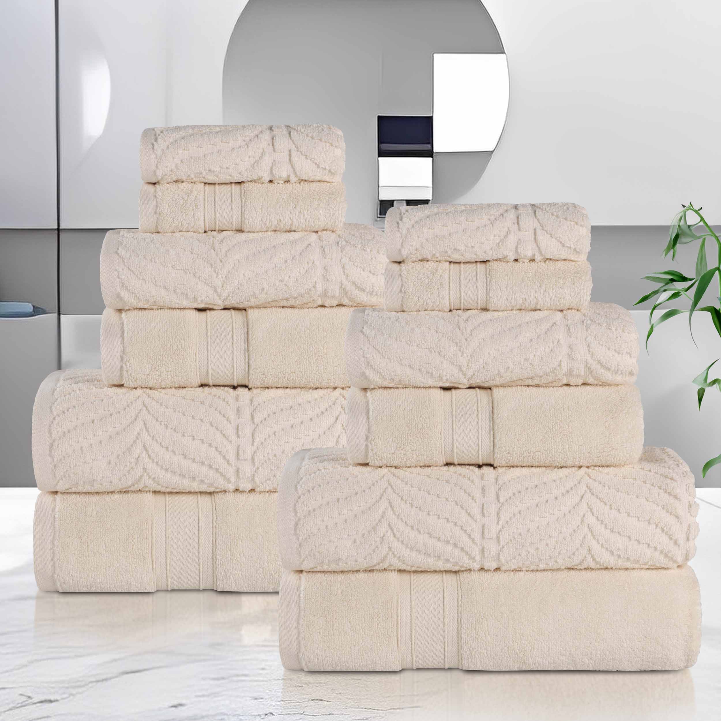 Premium 12-Piece Zero Twist Cotton Towel Set - Solid & Jacquard Chevron Design for Bath, Spa, and Luxury Home Decor