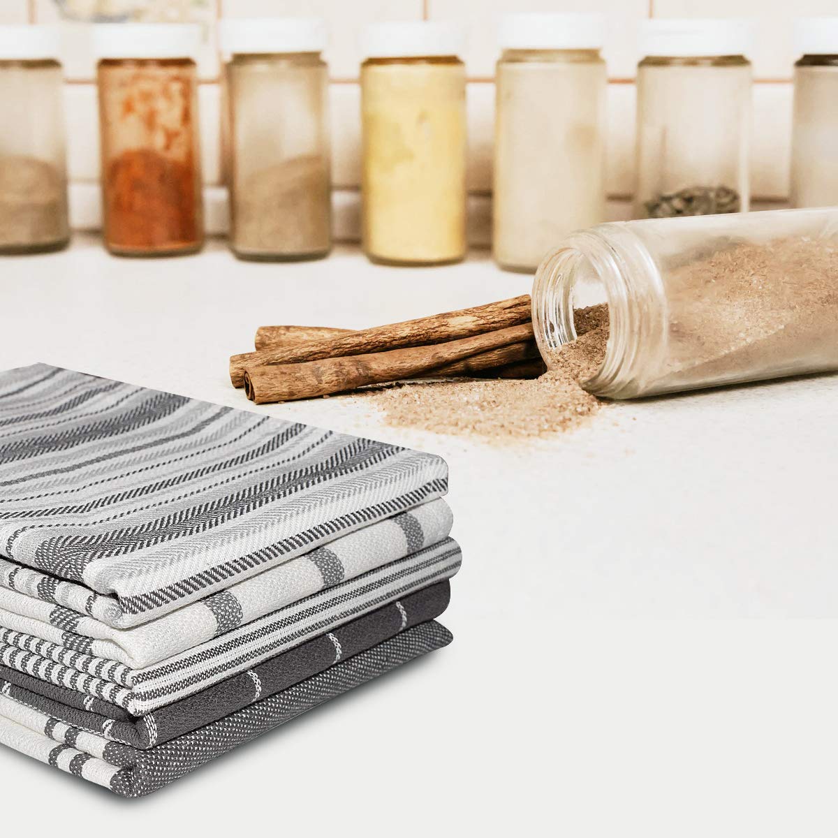Premium Elfranso Tea Towels Set - 5 Pack 100% Cotton Absorbent Kitchen Towels, 70 x 50 cm (Grey) - Ideal for Drying Dishes, Cleaning Countertops & Decorating Your Modern Kitchen
