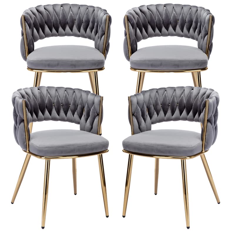 KCC Modern Velvet Dining Chairs Set of 4 - Mid-Century Upholstered Living Room Chairs with Woven Back & Gold Metal Legs, Light Gray Accent Chairs for Dining Room, Kitchen, Office & Home Decor | Perfect for Entertaining, Family Dinners & Contemporary Interior Design