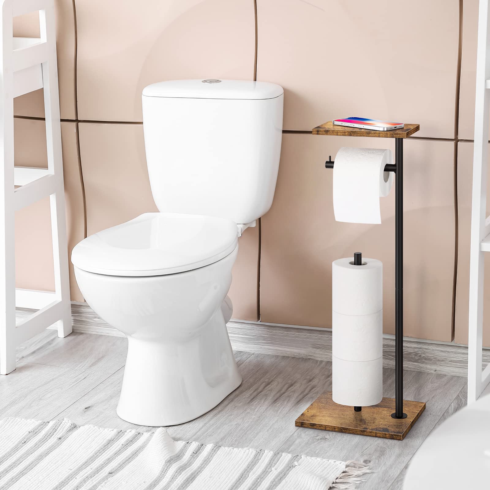 Free-Standing Toilet Paper Holder Stand with Shelf - Rustic Brown Bathroom Tissue Roll Dispenser for Farmhouse & Modern Decor | Perfect for Bathroom, Vanity, and Guest Toilet Organization