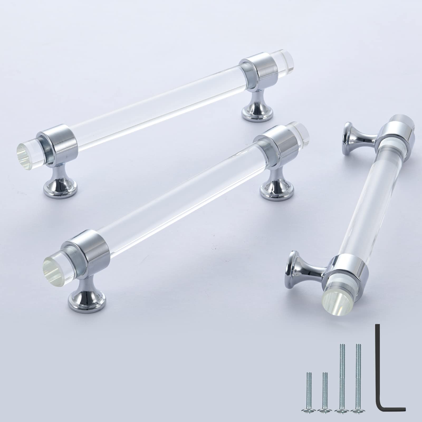 5 Inch Polished Chrome Cabinet Pulls - 6 Pack Clear Crystal Glass Drawer Handles for Bathroom & Kitchen Cabinets - Modern Hardware for Dressers, Vanities & Furniture Upgrades