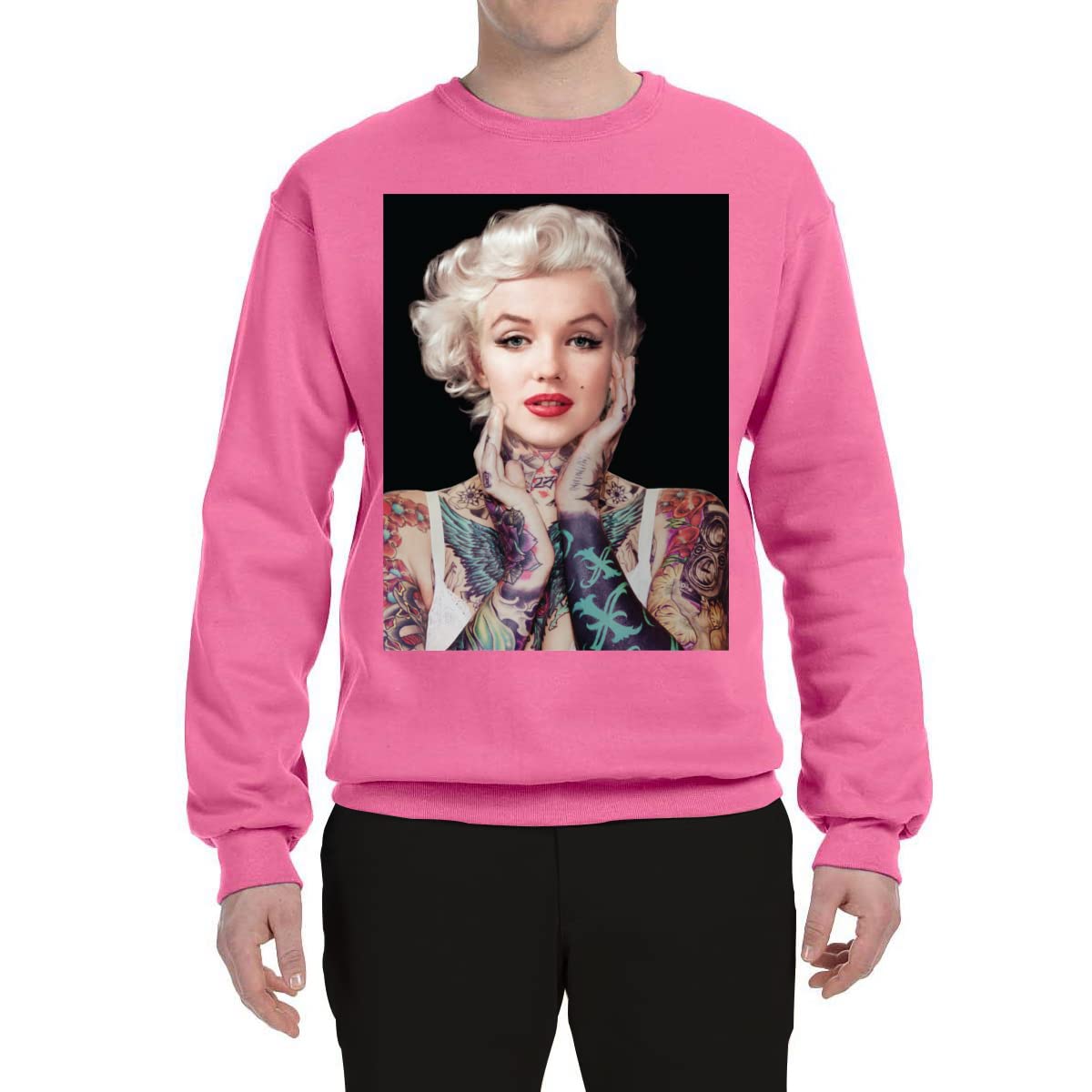 Wild Bobby Marilyn Tattoos Black Pop Culture Unisex Crewneck Graphic Sweatshirt | Vintage Rock Style Pullover | Perfect for Concerts, Streetwear & Casual Outfits
