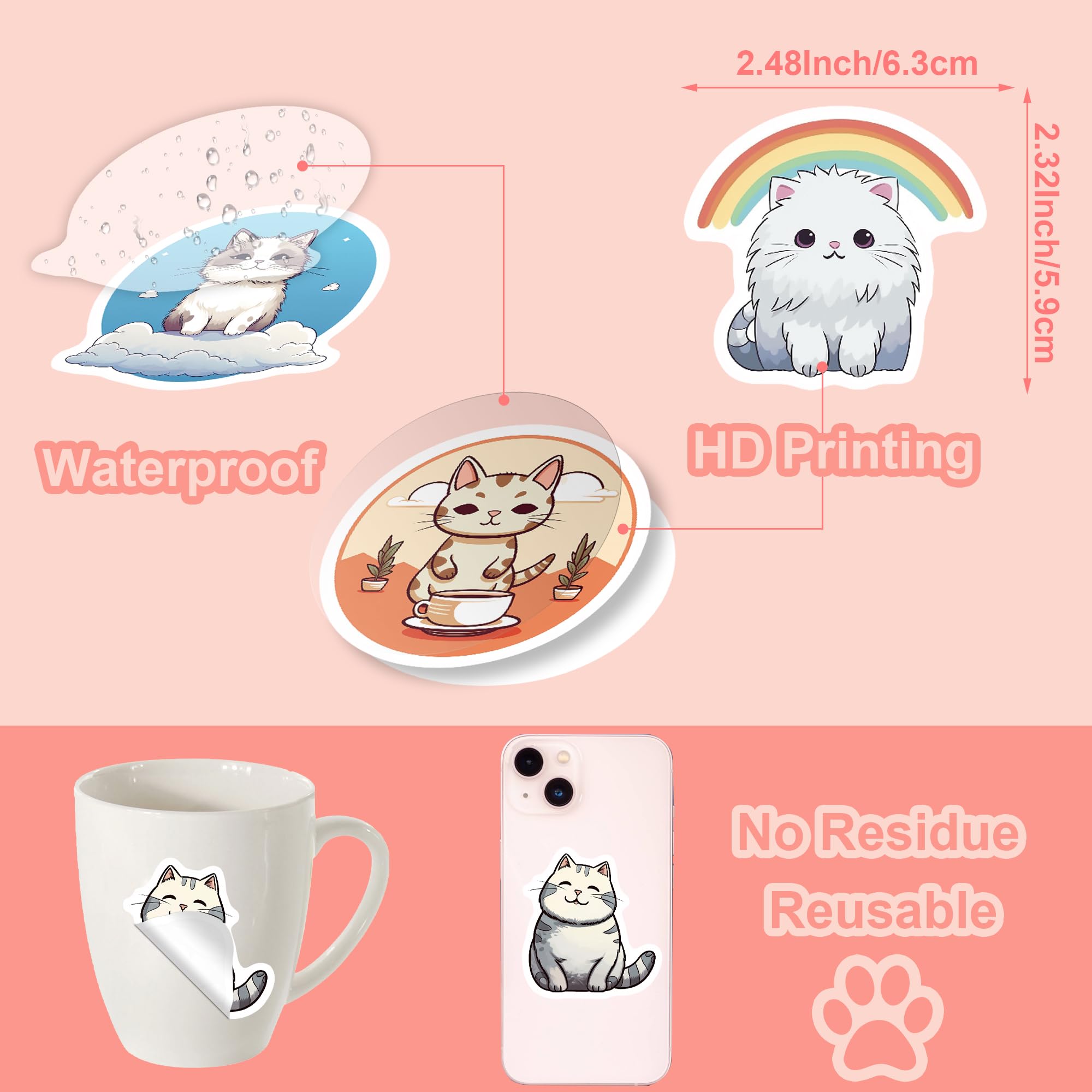 102 Pcs Funny Cat Stickers - Cute Vinyl Waterproof Decals for Teens, Adults & Kids - Perfect for Water Bottles, Laptops, Skateboards & DIY Crafts - Durable Adhesive for School, Office & Home Decor