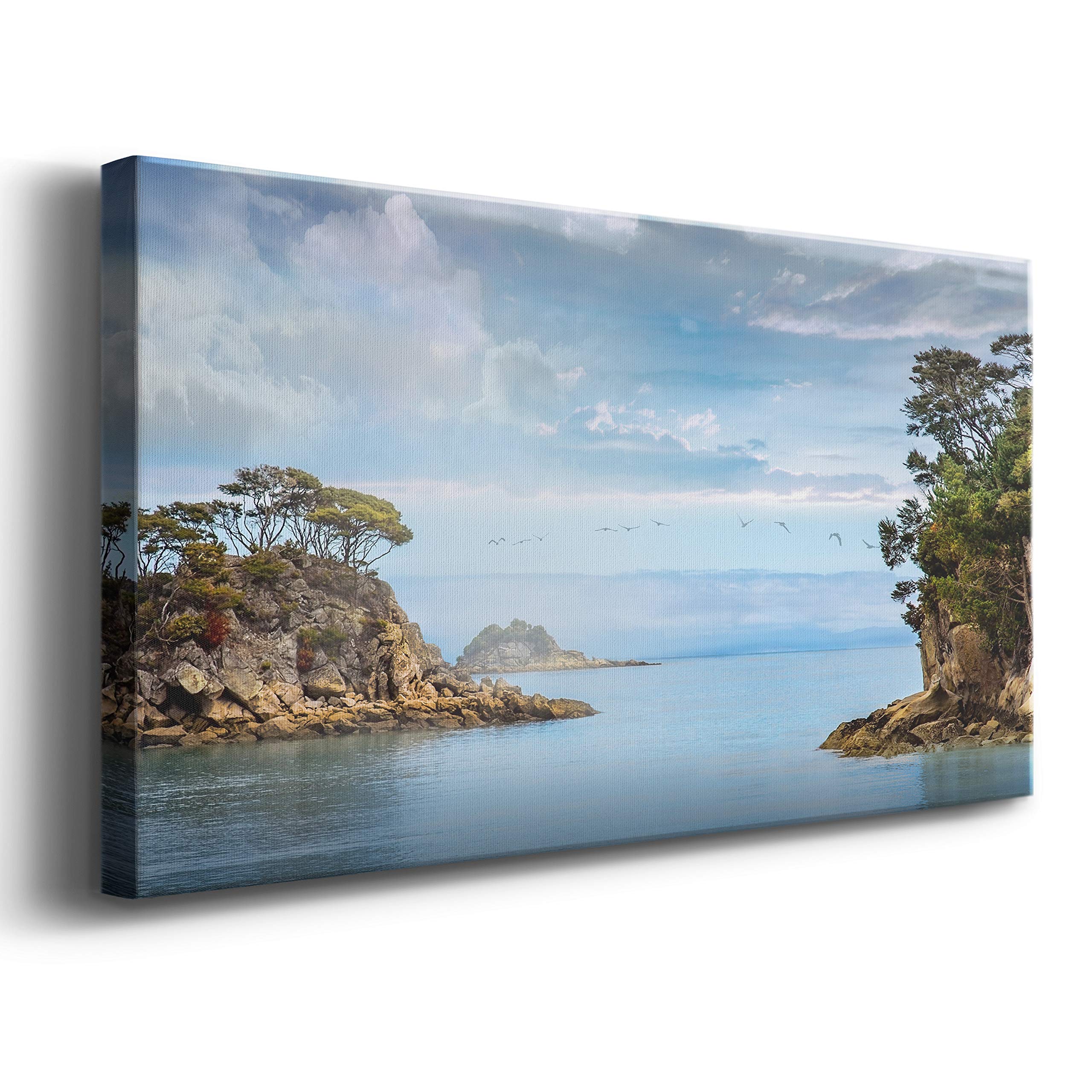 Modern Blue Ocean Coastal Canvas Wall Art - 24x48 Inch Ready to Hang Landscape Print for Living Room, Bedroom, Bathroom & Office Decor - Perfect for Beach House, Coastal Theme or Zen Interior Design