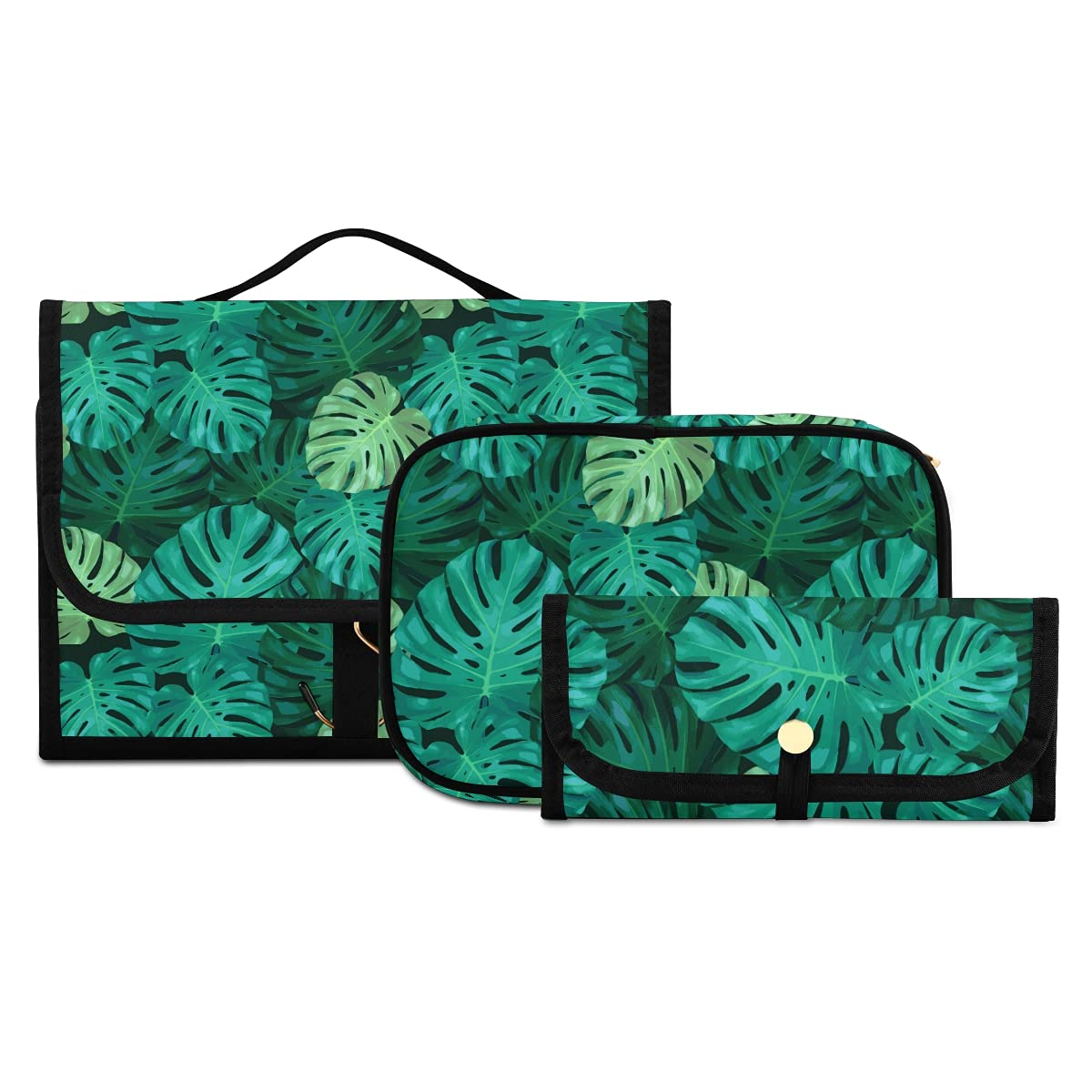 Waterproof Hanging Toiletry Bag 3-Pack - Tropical Palm Leaf Design Cosmetic & Makeup Organizer for Women | Travel Essentials, Brush Storage, Bathroom Organization (Ideal for Vacation, Gym, Camping)