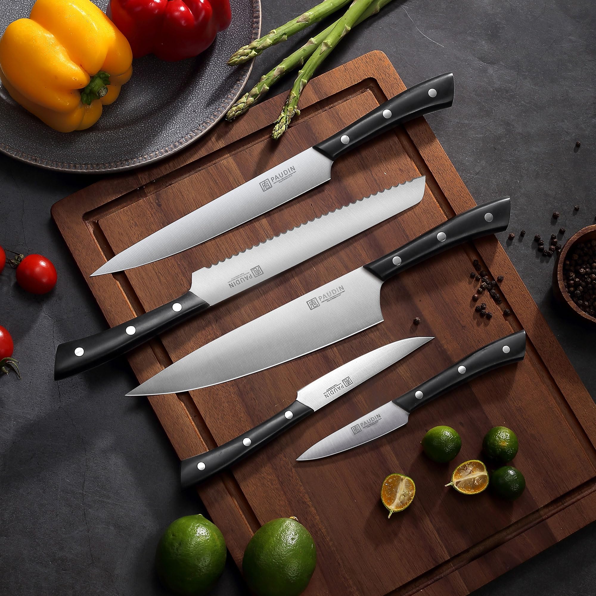 PAUDIN 5-Piece Kitchen Knife Set - Ultra Sharp High Carbon Stainless Steel Chef Knives for Precise Cutting | Lightweight & Durable Black Knife Set for Home Cooking, Slicing, Dicing & Meal Prep